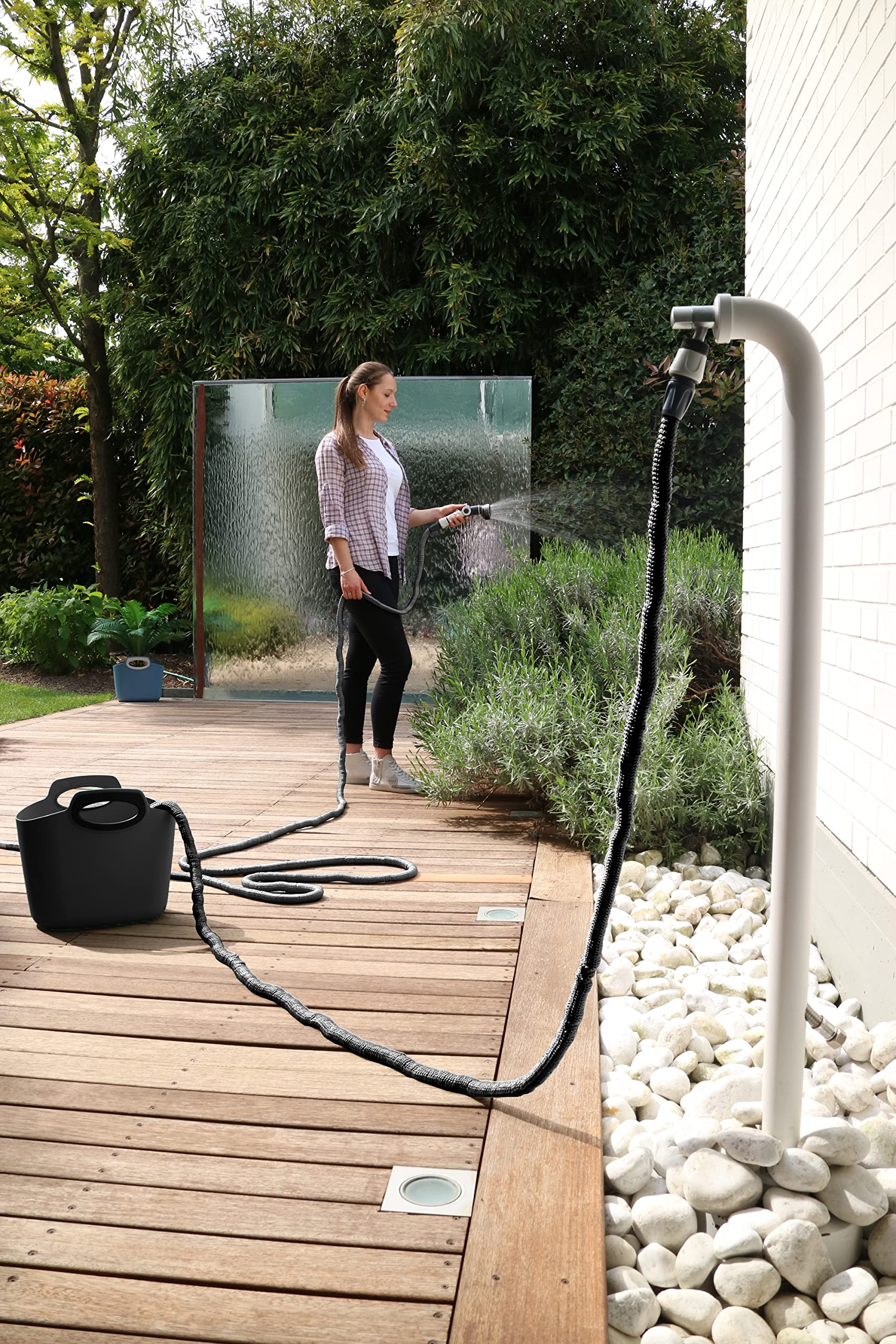 G.F. SRL, Aquapop Grey Edition limitée comprend 25 mètres de Tuyau Auto-extensible PRODUIT EN ITALIE, sac de rangement, Lance 8 jets et Raccords, pour l’Arrosage de Jardins et Balcons, Gris foncé