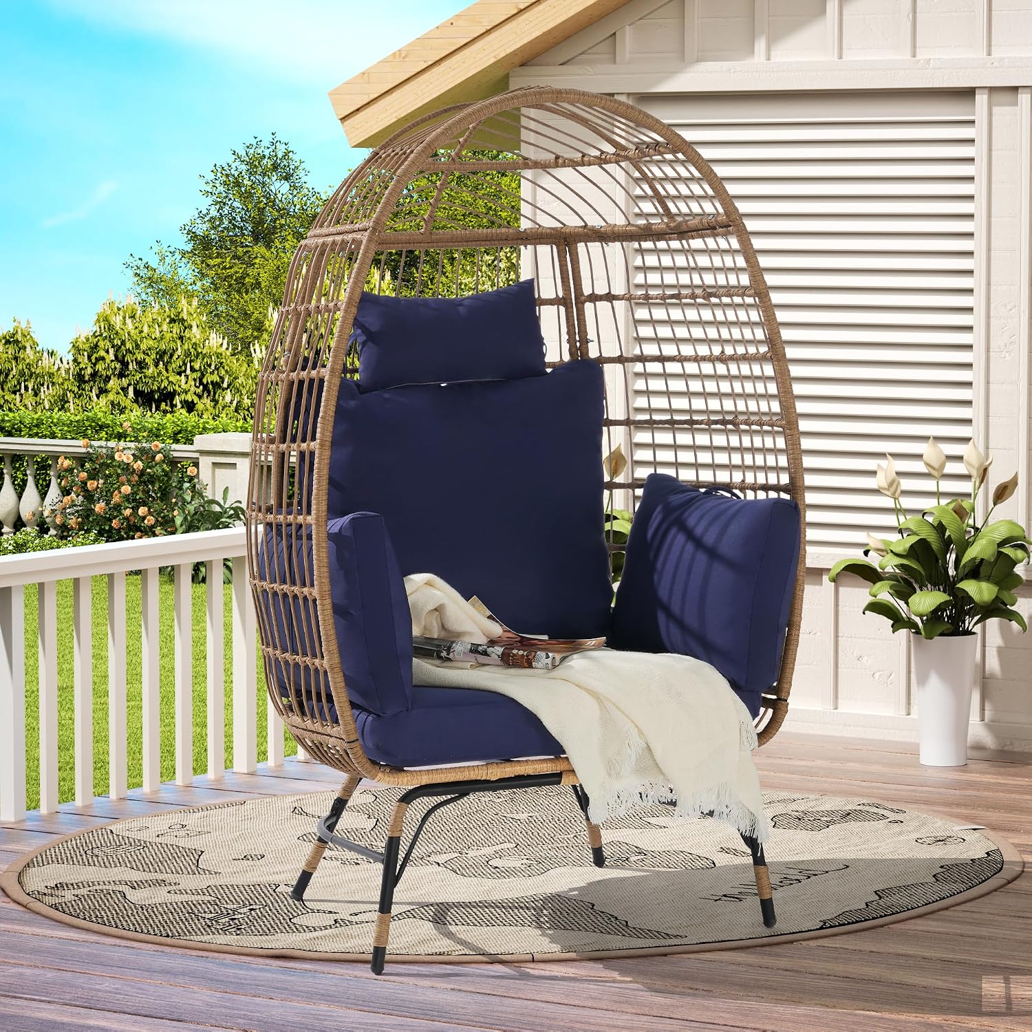 Wicker Egg Chair,Indoor Outdoor Egg Chair,Oversized Egg Basket Lounger Chair with Cushion and Pillow for Porch, Backyard, Balcony