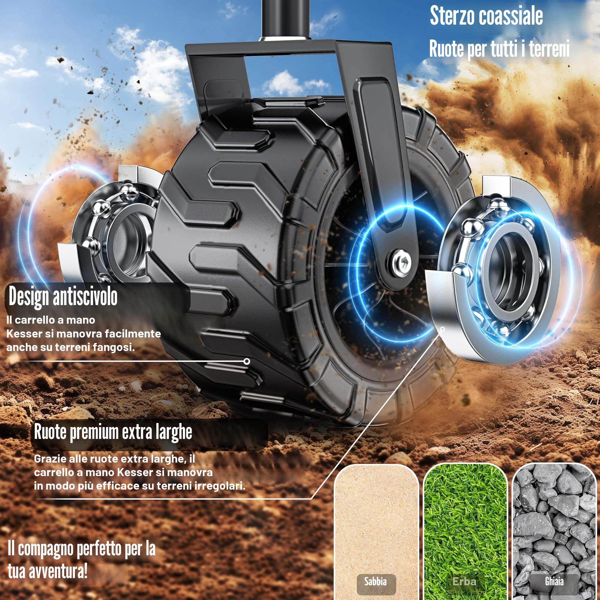 KESSER® Carrello pieghevole resistente fino a 150kg con ruote in gomma piena larga | Carrello trasportatore | Carrello per attrezzi con 2 tasche in rete e tasca laterale | Carrello da trasporto per
