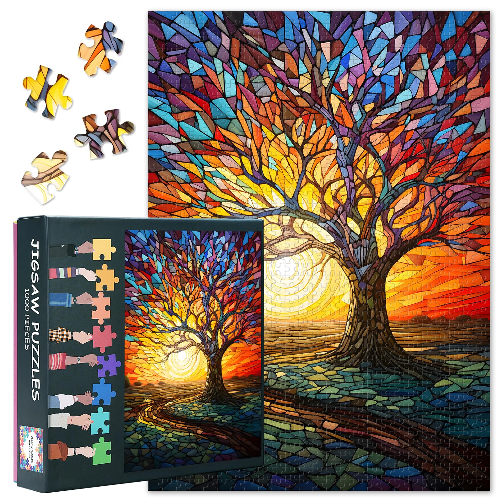 Tree of Life Puzzles for Adults 1000 Pieces Vibrant Colorful Collectible Puzzle Stained Glass Jigsaw Puzzle Game Toys Gift Relaxing and Stress Relief Family Entertainment(27.5x19.7in) — image 1