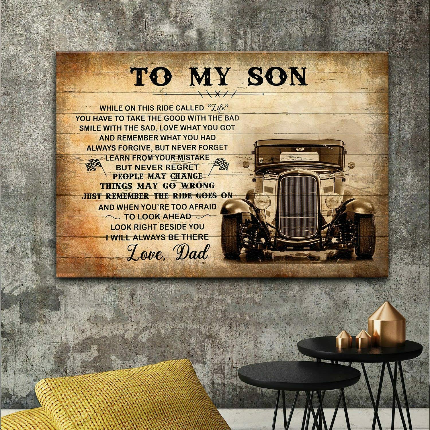 peiyeety Metal Tin Sign Vintage To My Son Quote with Car Art, Inspirational Themed Home Accent, Durable Retro Plaque for Bedroom, Living Room, Office,8x12 Inch