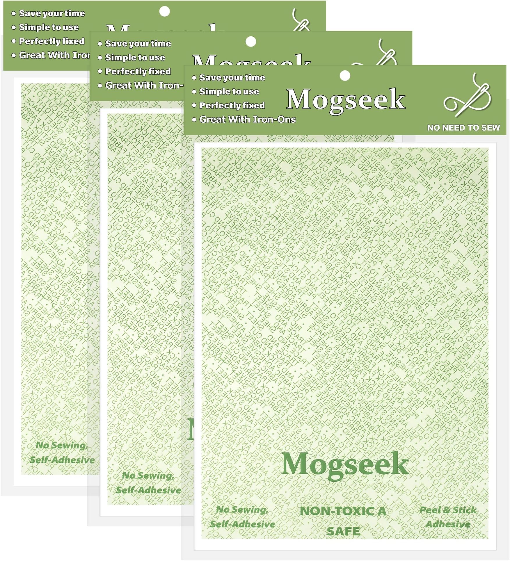Mogseek Double-Sided Patch Adhesive Kit, 3 Pack, 8.8" x 12", Washable, Waterproof, No Sew No Iron, Compatible with Fabric, Plastic, Leather, Metal, Wood