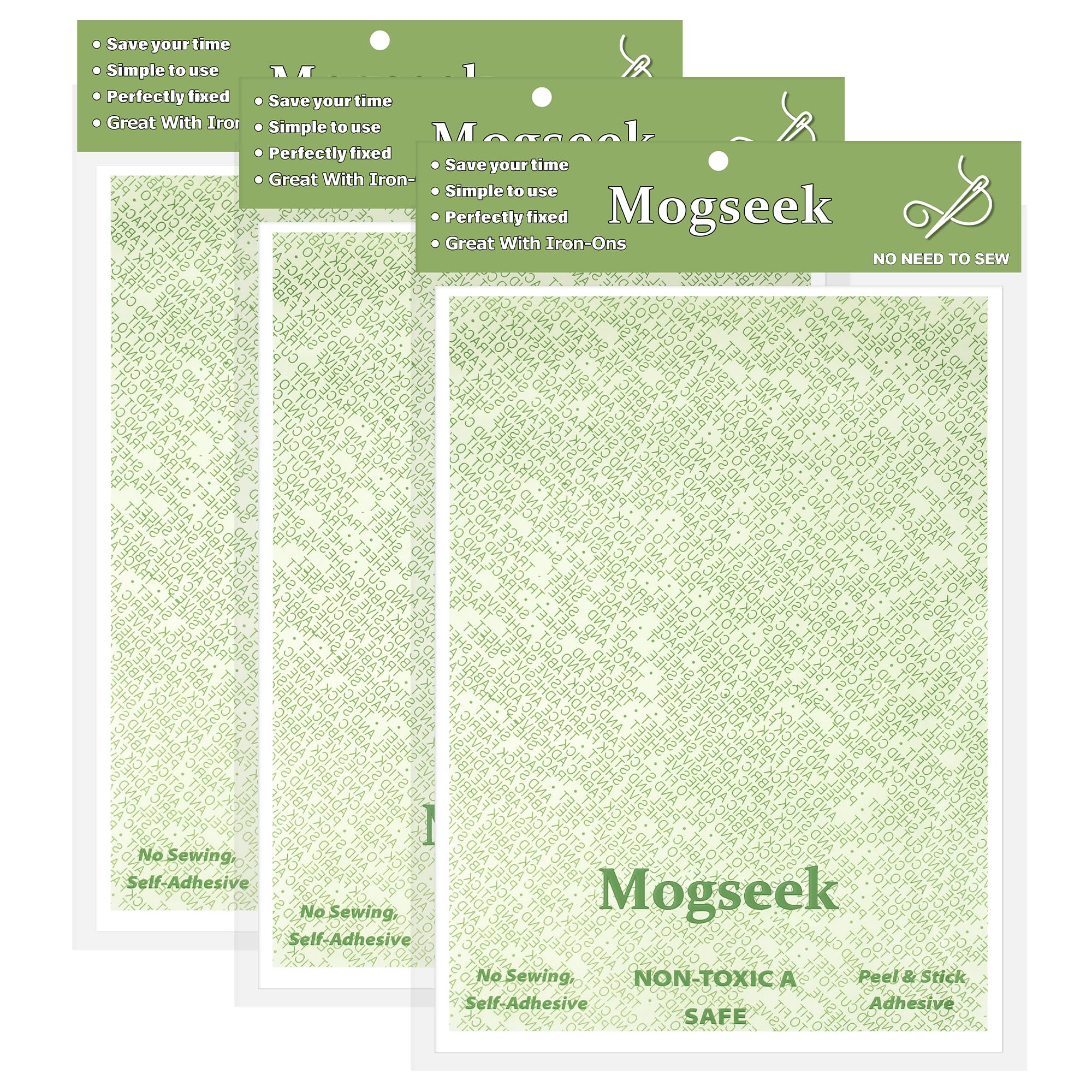 Mogseek Double-Sided Patch Adhesive Kit, 3 Pack, 8.8" x 12", Washable, Waterproof, No Sew No Iron, Compatible with Fabric, Plastic, Leather, Metal, Wood