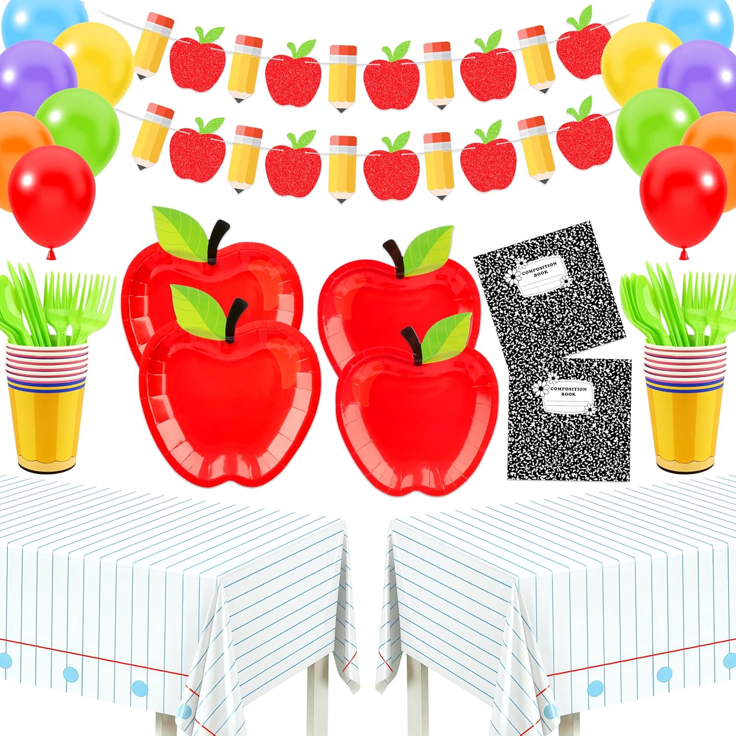 BORAMDO 202 Pcs Back to School Party Decorations, First Day of School Party Supplies Includes Plates, Napkins, Cups, Cutlery, Tablecloths, Banner, Balloons for Classroom Kindergarten Celebrations