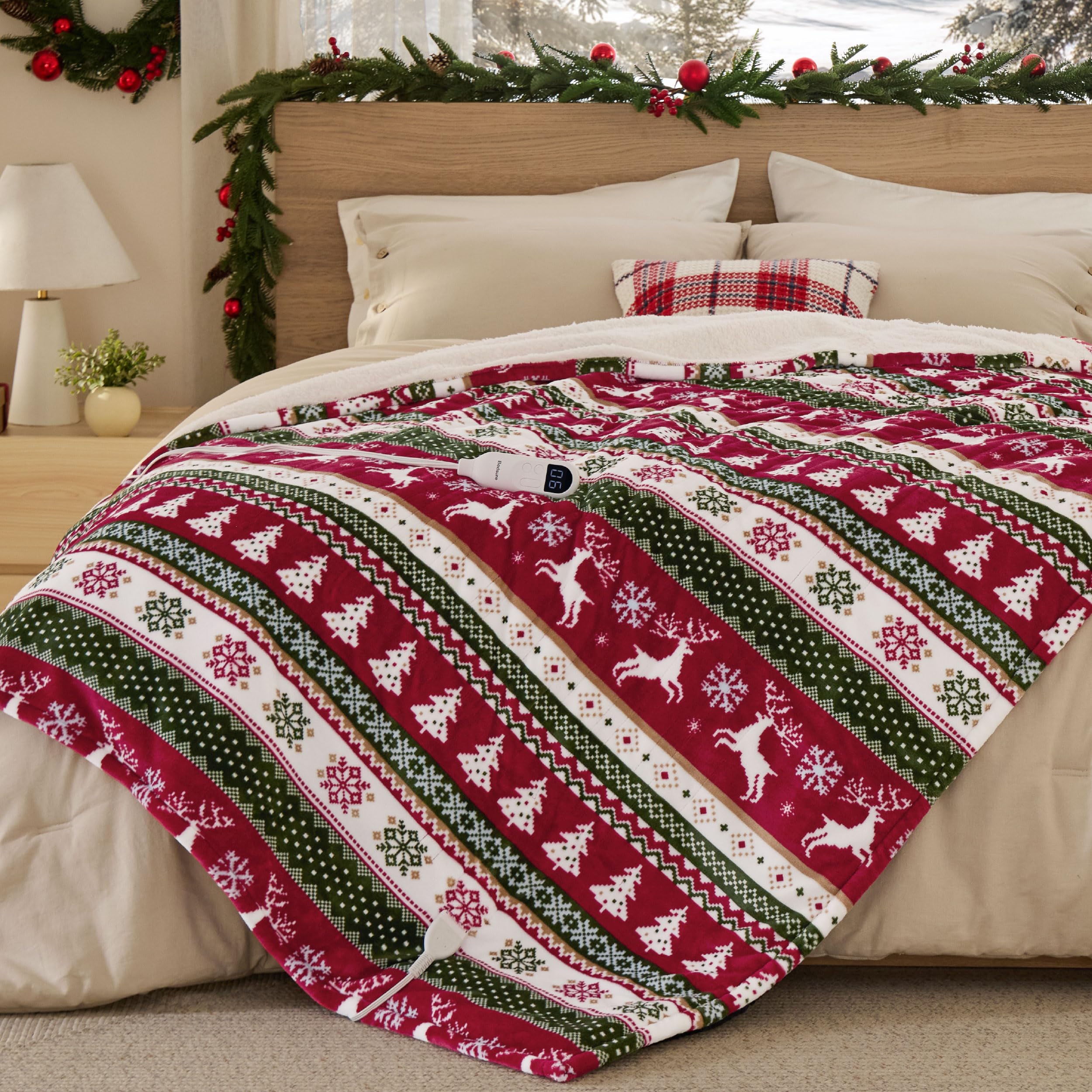 Bedsure Christmas Electric Blanket Twin - Soft Flannel Sherpa Heated Blanket with Fair Isle, Heating with 6 Heating Levels, 10 Time Settings and 8-Hour Auto-Off, Gifts for Grandma (62x84 inches)