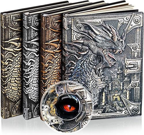 Diario de cuero de dragón de 4 piezas, cuaderno de cuero con relieve, diario de escritura vintage, cuaderno de notas antiguo, cuaderno de notas A5