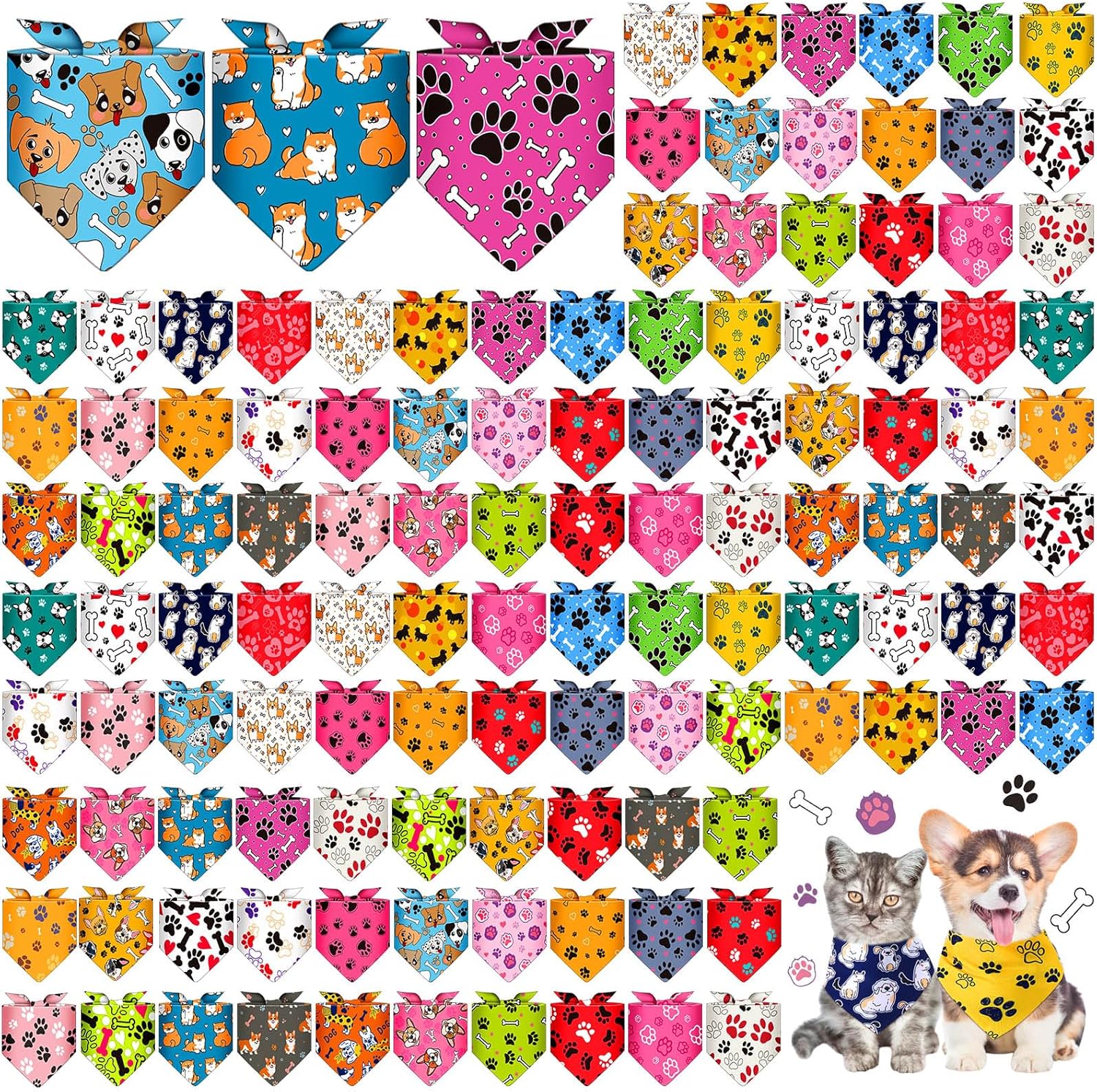 Sanwuta 120 Pcs Bandanas for Dogs Bulk Dog Bone and Paw Print Pattern Triangle Bandanas for Groomers Washable Pet Scarves Adjustable Bibs for Small and Medium Pets, 30 Styles