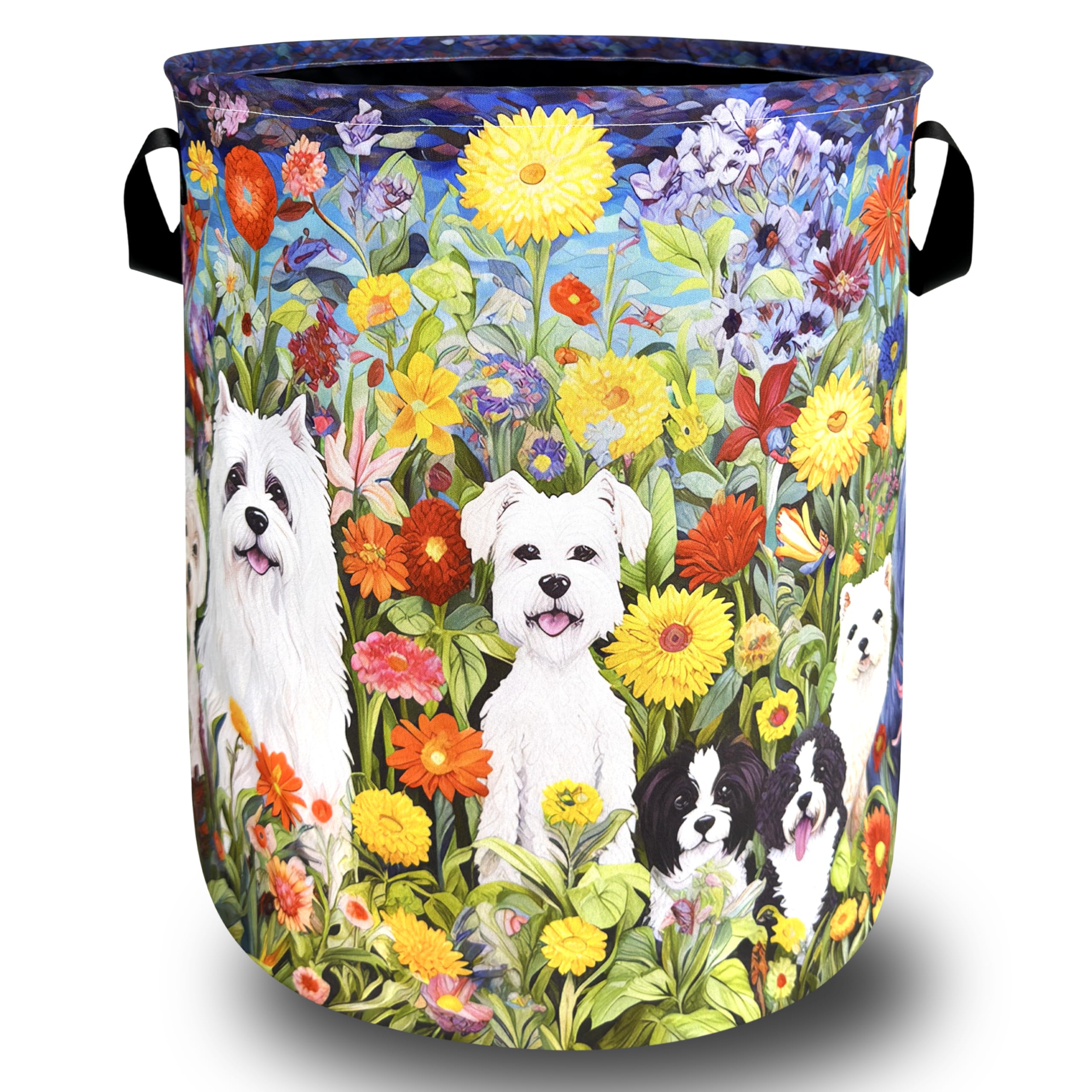 Flower Animal Dogs Laundry Basket Oxford Cloth Foldable Hamper 18.9x16.5 In