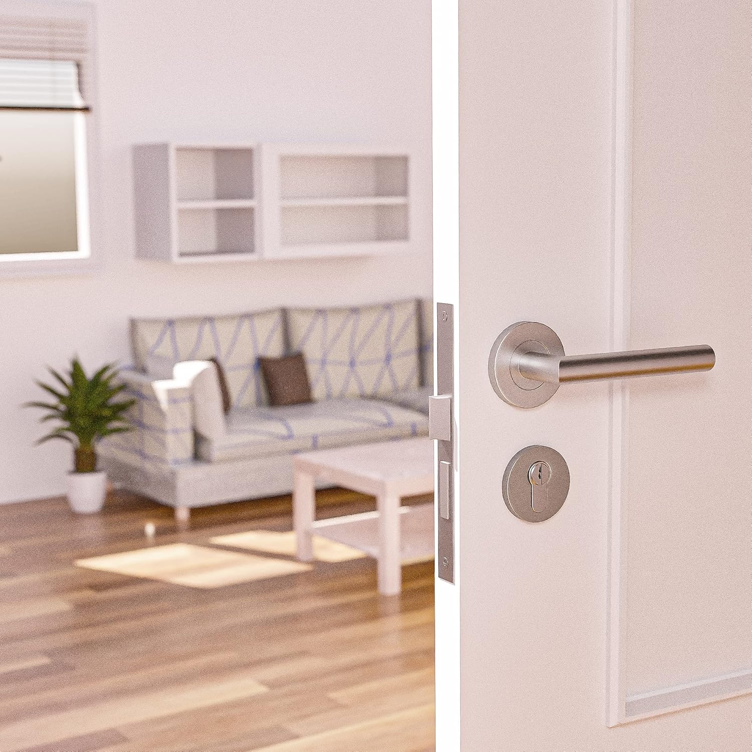 Amig - Door Handle Set on Rose - 136 x Ø19 mm - Elegant and Simple Design - Ideal for Your Home or Office - Stainless Steel - Matte Silver - Includes Euro Cylinder Keyhole Cover