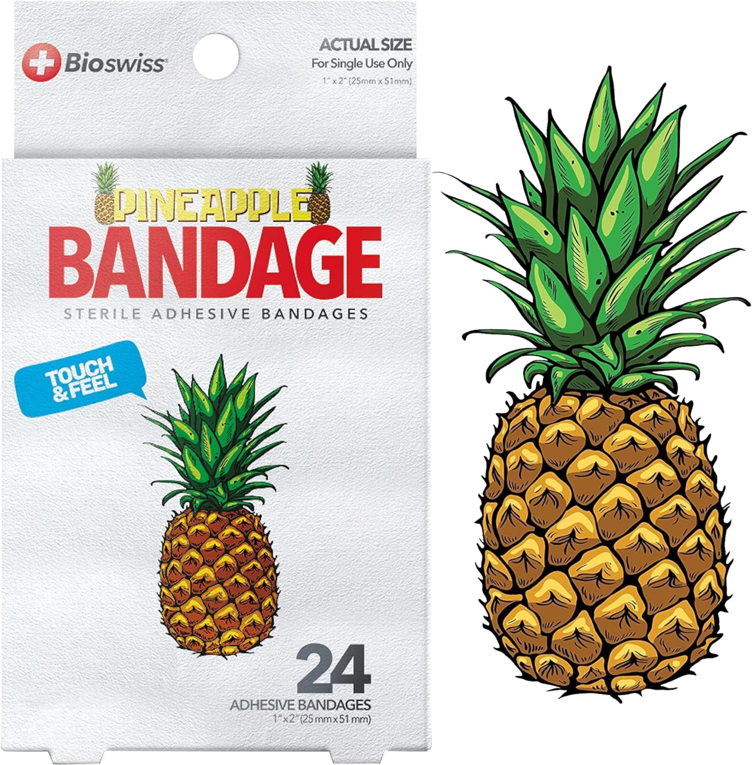 BioSwiss 24 Pcs Self Adhesive Pineapple Shaped Bandages Sterile Latex Free Wound Care Funny First Aid Supplies for Kids