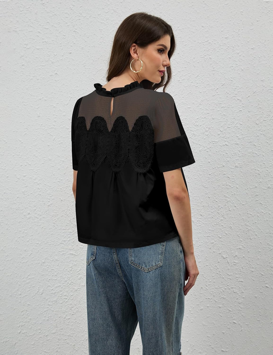 Women Lace Trim Blouse Mesh See Through Puff Short Sleeve Ruffle Pleated Shirts Mock Neck Summer Babydoll Tops - Image 7