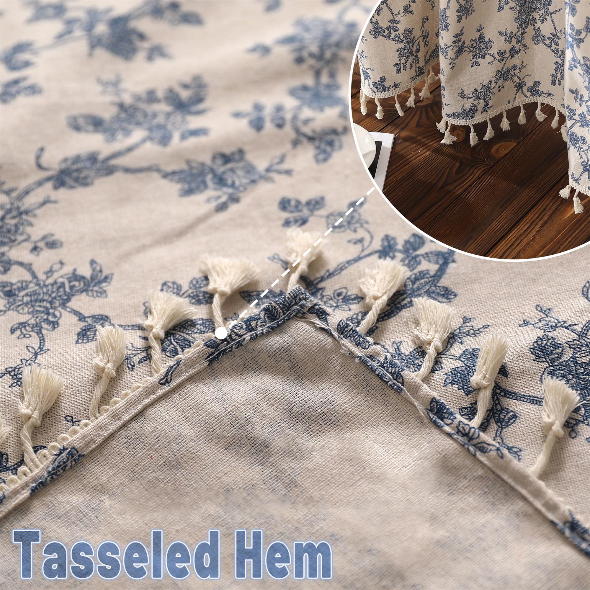 1 paire de rideaux de fenêtre en lin à motif floral bleu de style campagnard rustique filtrant la lumière avec passe-tringle, pompons beiges, 132,1 cm de large x 274,3 cm de long