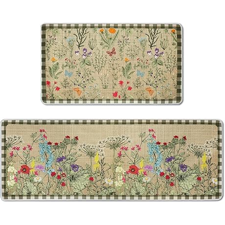 Bencailor Floral Kitchen Rug, 2-Piece Vintage Wildflower Kitchen Decor Mat