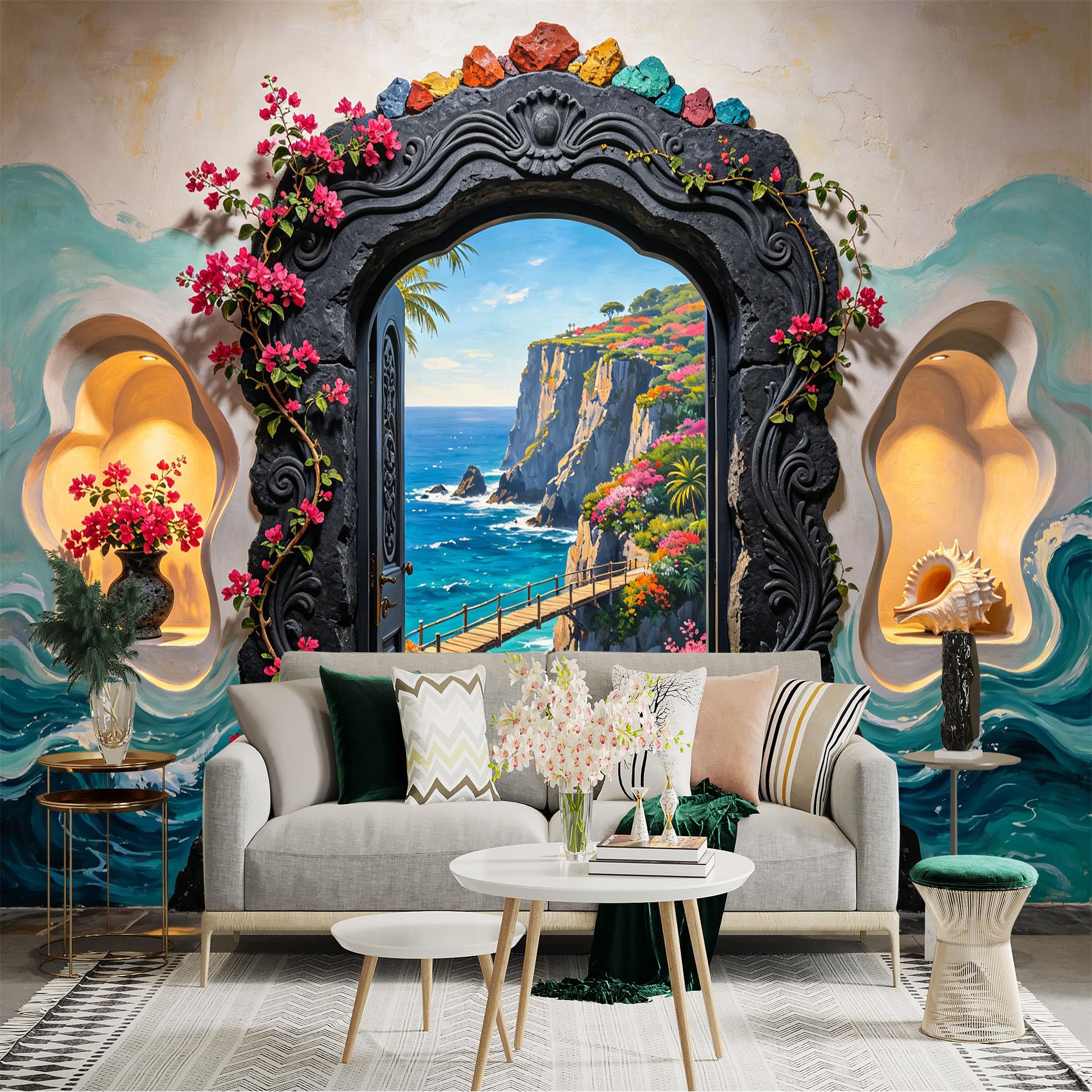 Custom Size Wall Sticker Mural， Ocean Cliff View， Floral Stone Archway， Coastal Seascape， for wall Decoration， peelandstick wall Decals.