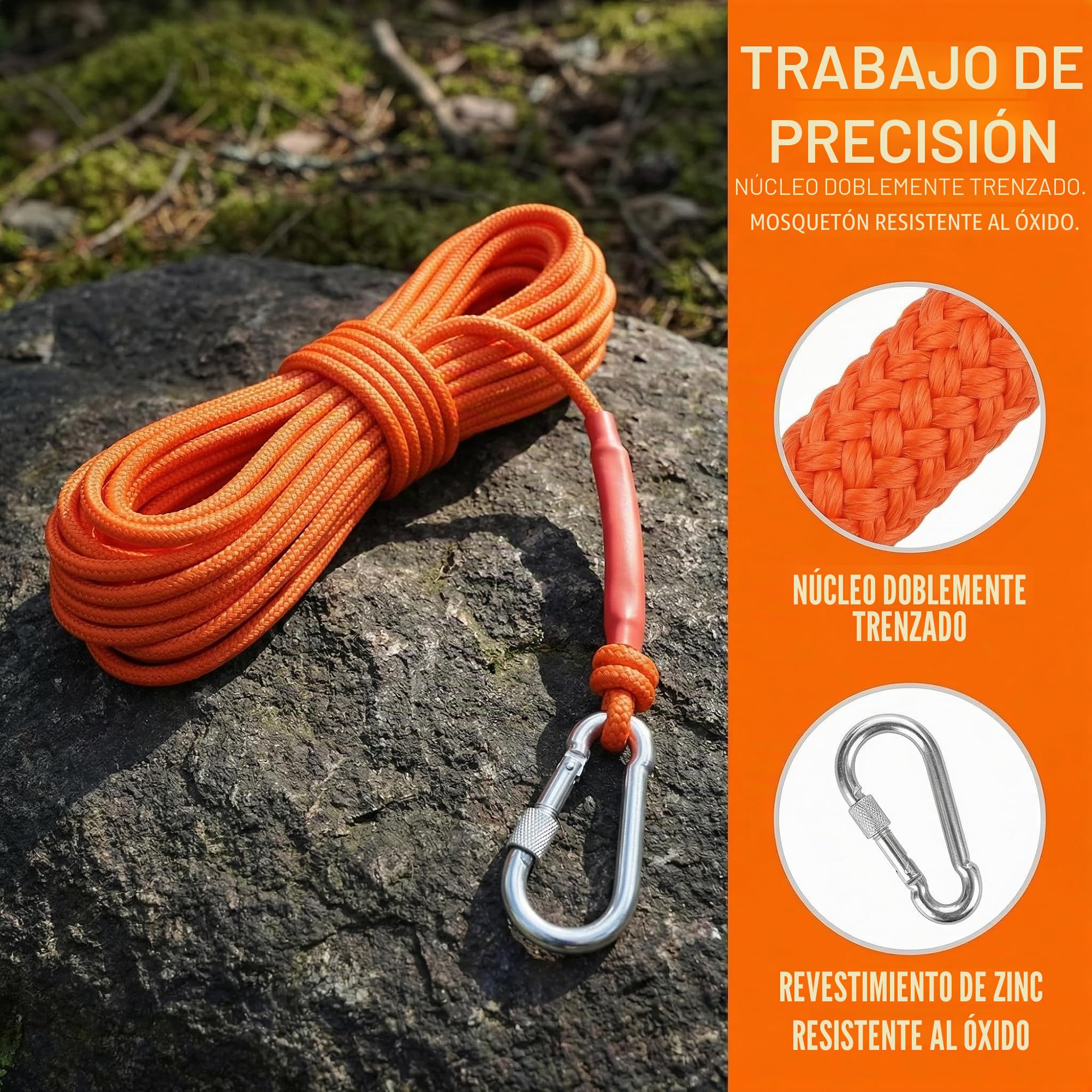 Cuerda de Escalada 20m*6mm Cuerda Auxiliar de Escalada Cuerda de Pesca con Mosquetón Cuerda para Senderismo Cuerda Multiusos para Escalada/Rescate y Deportes al Aire Libre/Camping - Naranja