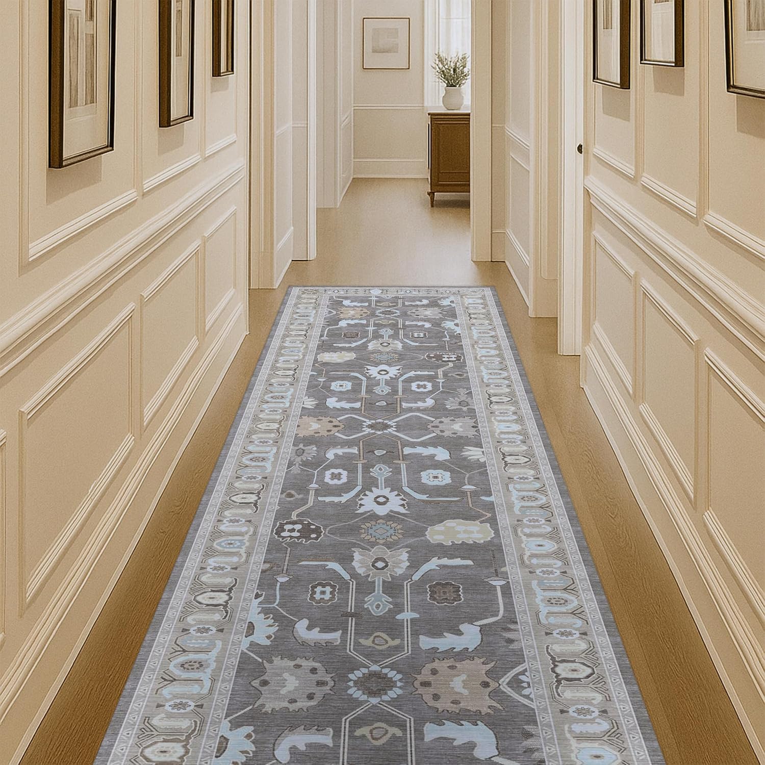 Brown Oushak Runner Rug, Modern Runners, Vintage, Turkish, Eclectic, Floral, Pastel, Washable, Runner for Hallway, Kitchen, Bedroom, Bathroom, 2'5"x9'8"