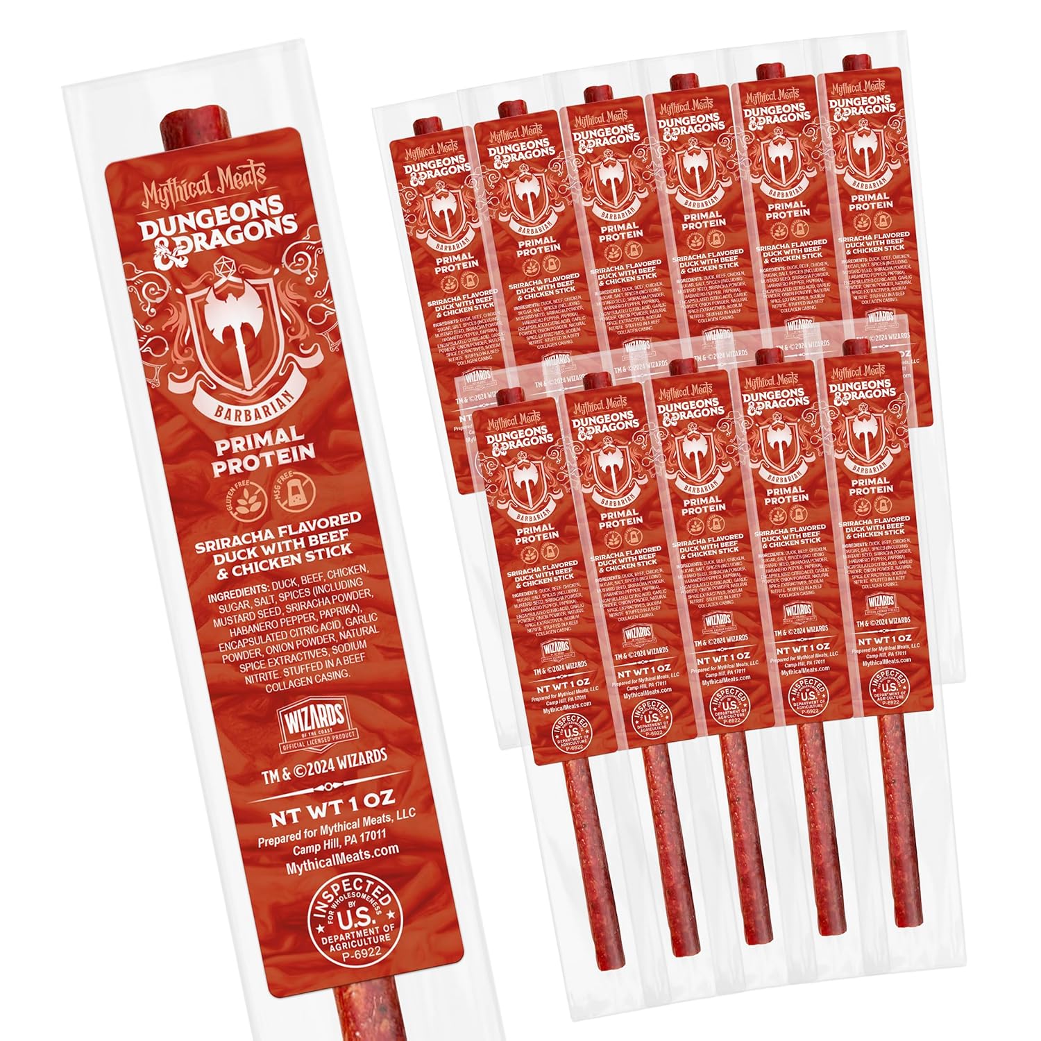 Mythical Meats Dungeons & Dragons Primal Protein (Barbarian) - 12 Jerky Sticks - Sriracha Flavored Duck with Beef & Chicken Stick, Gluten Free, MSG Free