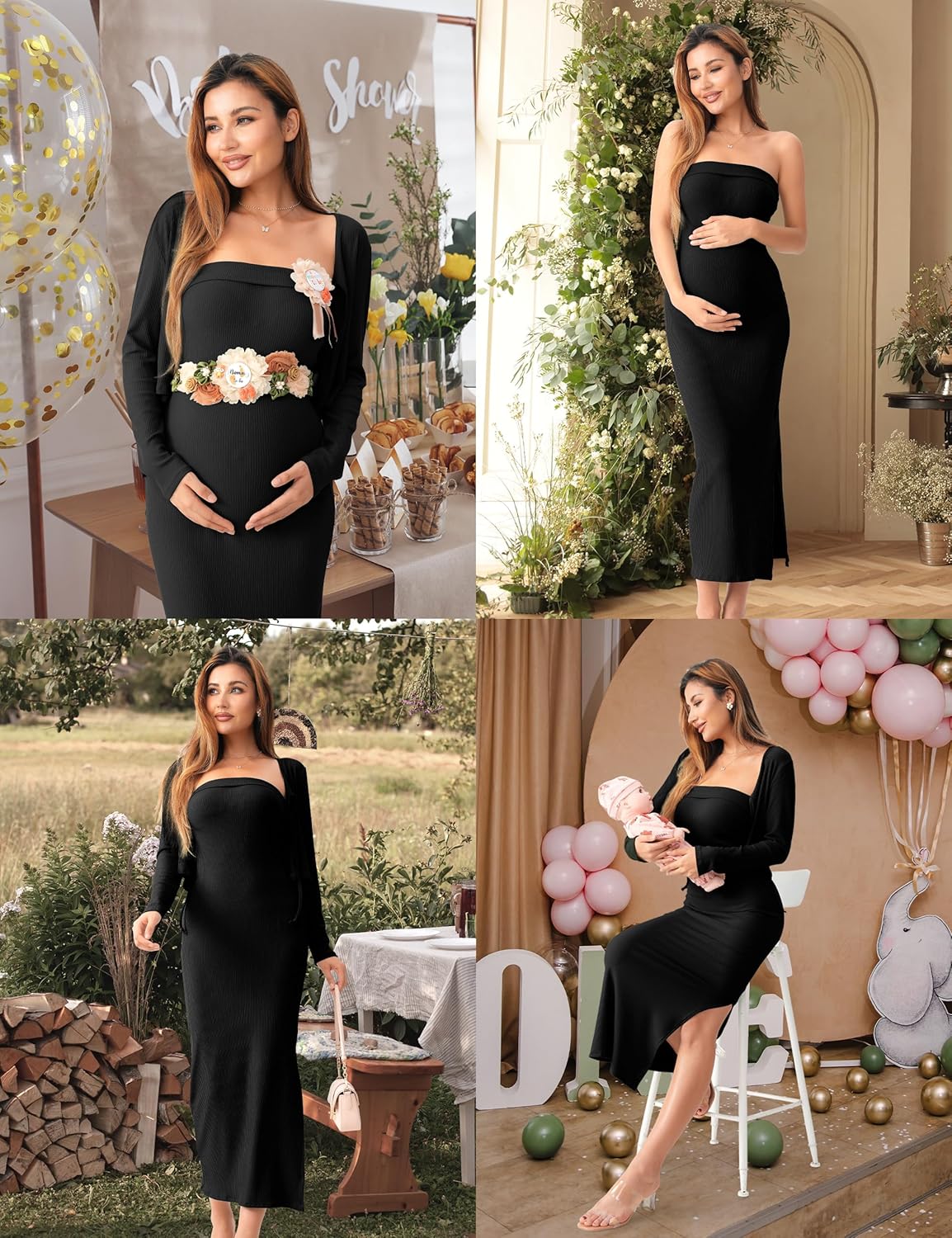 SUNNYBUY Baby Shower Maternity Tube Dress Short Cardigan Bodycon Ribbed Maxi Dress Casual 2 Piece Pregnancy Outfit Set - Image 4