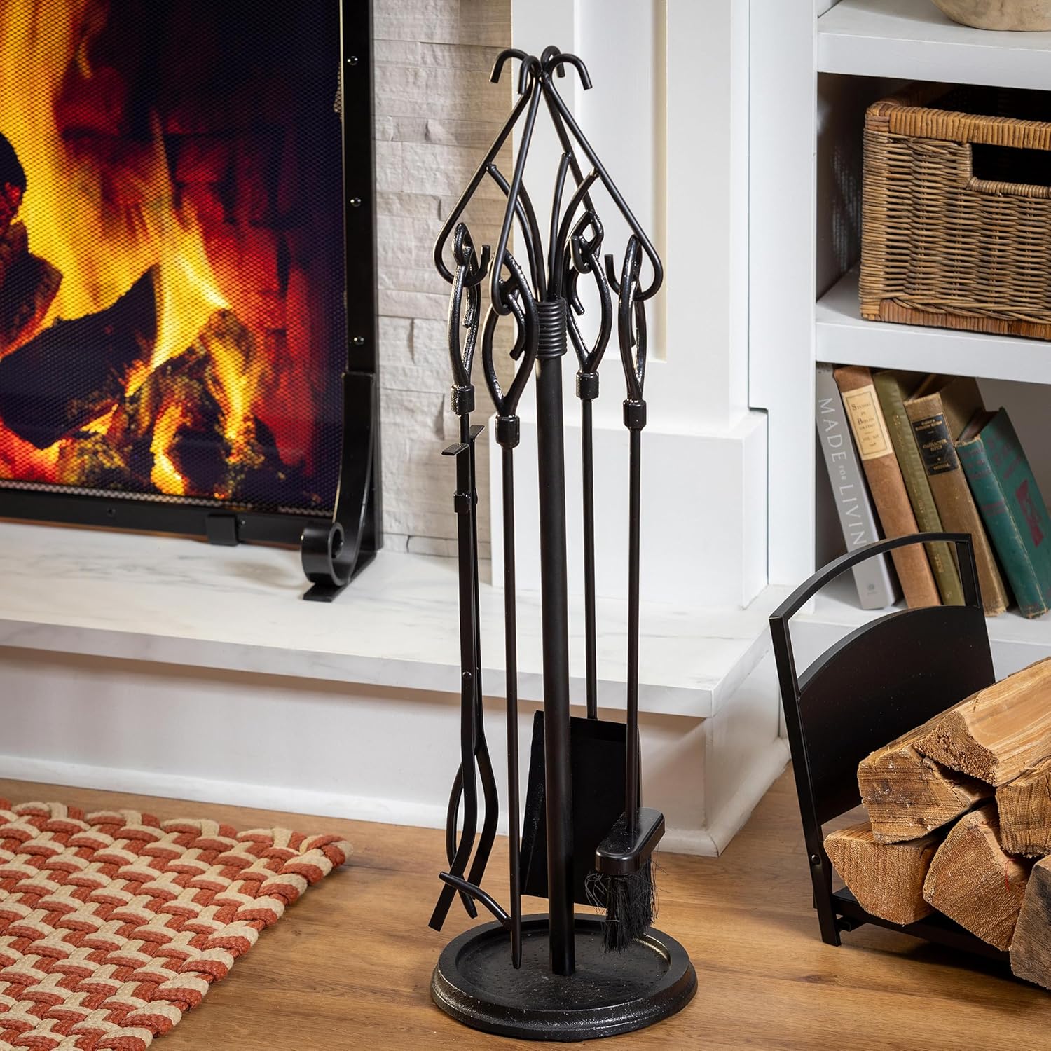 Plow & Hearth Gothic 5 Piece Fireplace Tool Set with Poker Tongs Shovel Broom and Stand | 32.5" H | Black Wrought Iron Handle for Outdoor Indoor | Wood Stove Firepit Accessory