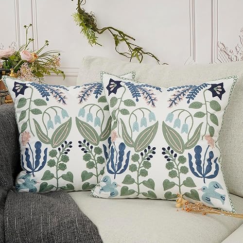 Miniatura 9 de YOUR SMILE Paquete de 2 fundas de almohada decorativas bordadas de 18 x 18 pulgadas, fundas de almohada florales de granja para sofá, sala de estar,