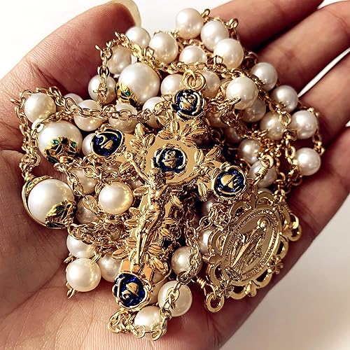 Miniatura 2 de elegantmedical Hecho a mano 18K chapado en oro de la escalera al cielo perla y perlas reales AAA10mm collar de crucifijo rosario católico, Perla,