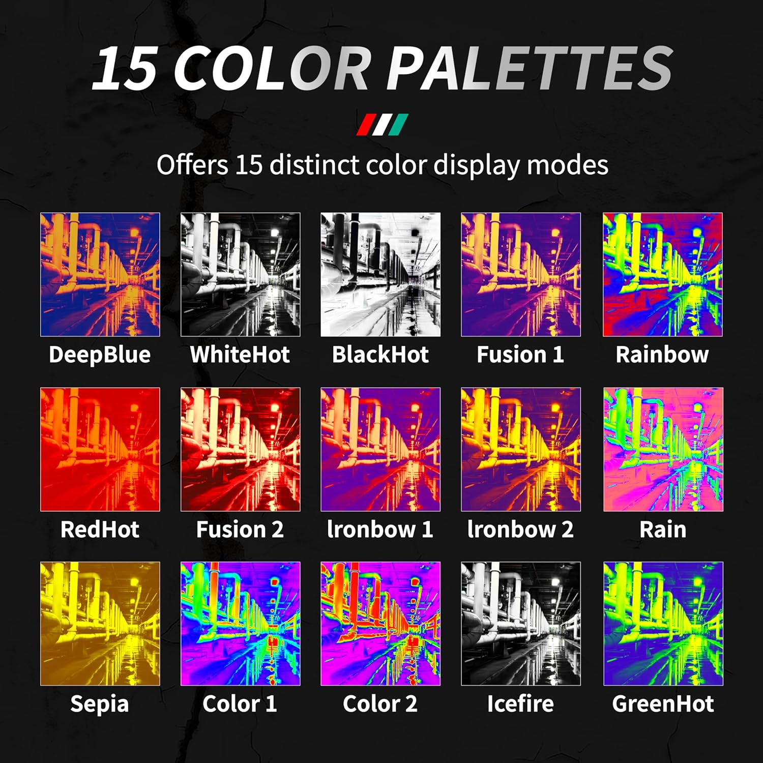 Mreža koja prikazuje 15 različitih paleta boja za termalno snimanje