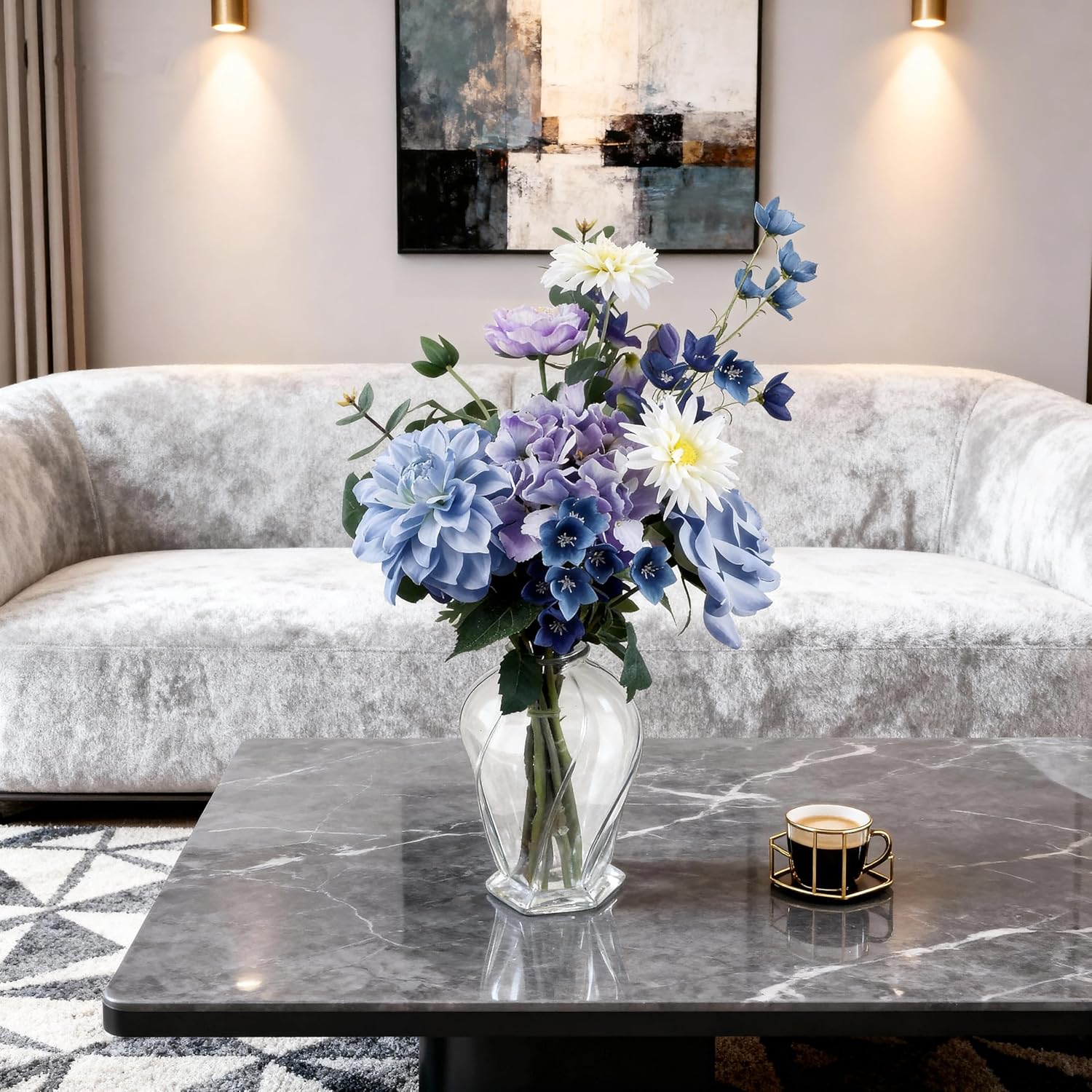 Artificial Flower Arrangement with Transparent Art Glass Vase, Blue and Purple Fake Flowers, 20 Inches Tall, 9 Flowers, Indoor Decor - Image 9