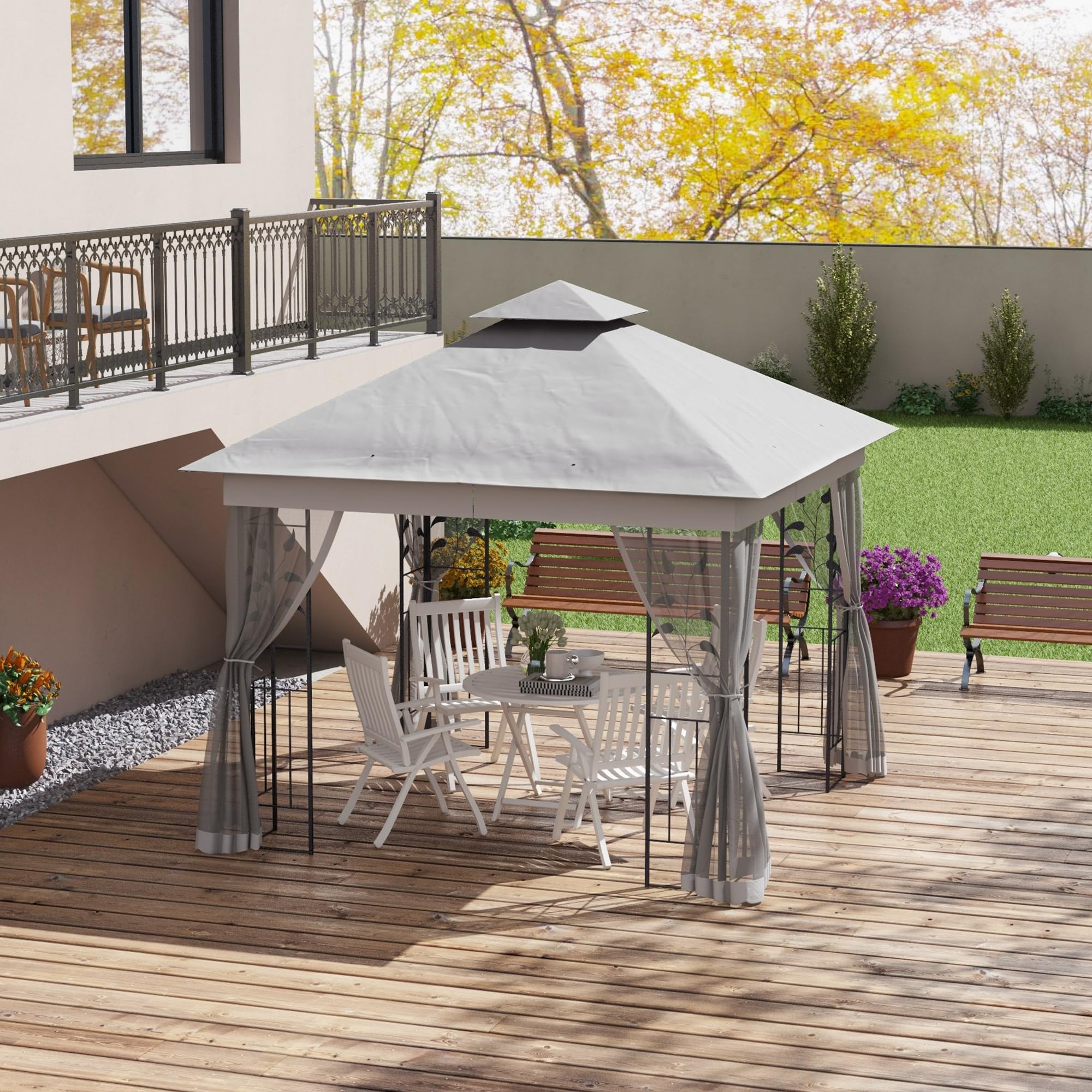 Outsunny Pavillon mit Doppeldach, 3x3 m Wasserabweisend Stabil Winterfest Gartenpavillon mit Moskitonetz, Garten Pavillon aus Stahl, Partyzelt für Garten, Terrasse, Hellgrau