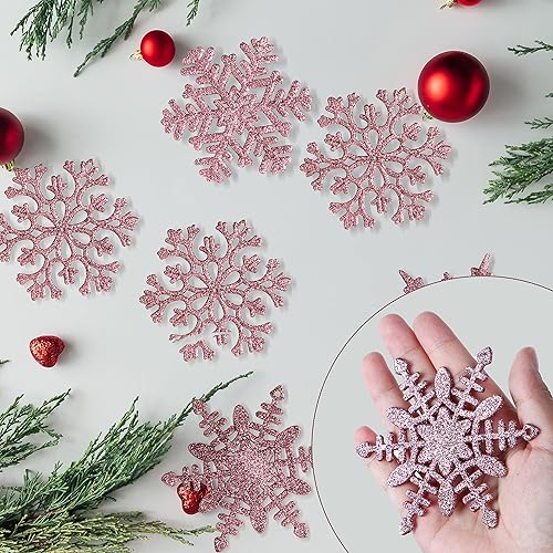 Miniatura 3 de Joiedomi 36 adornos de copos de nieve con purpurina rosa para árbol de Navidad, adornos colgantes de copos de nieve de plástico para Navidad,