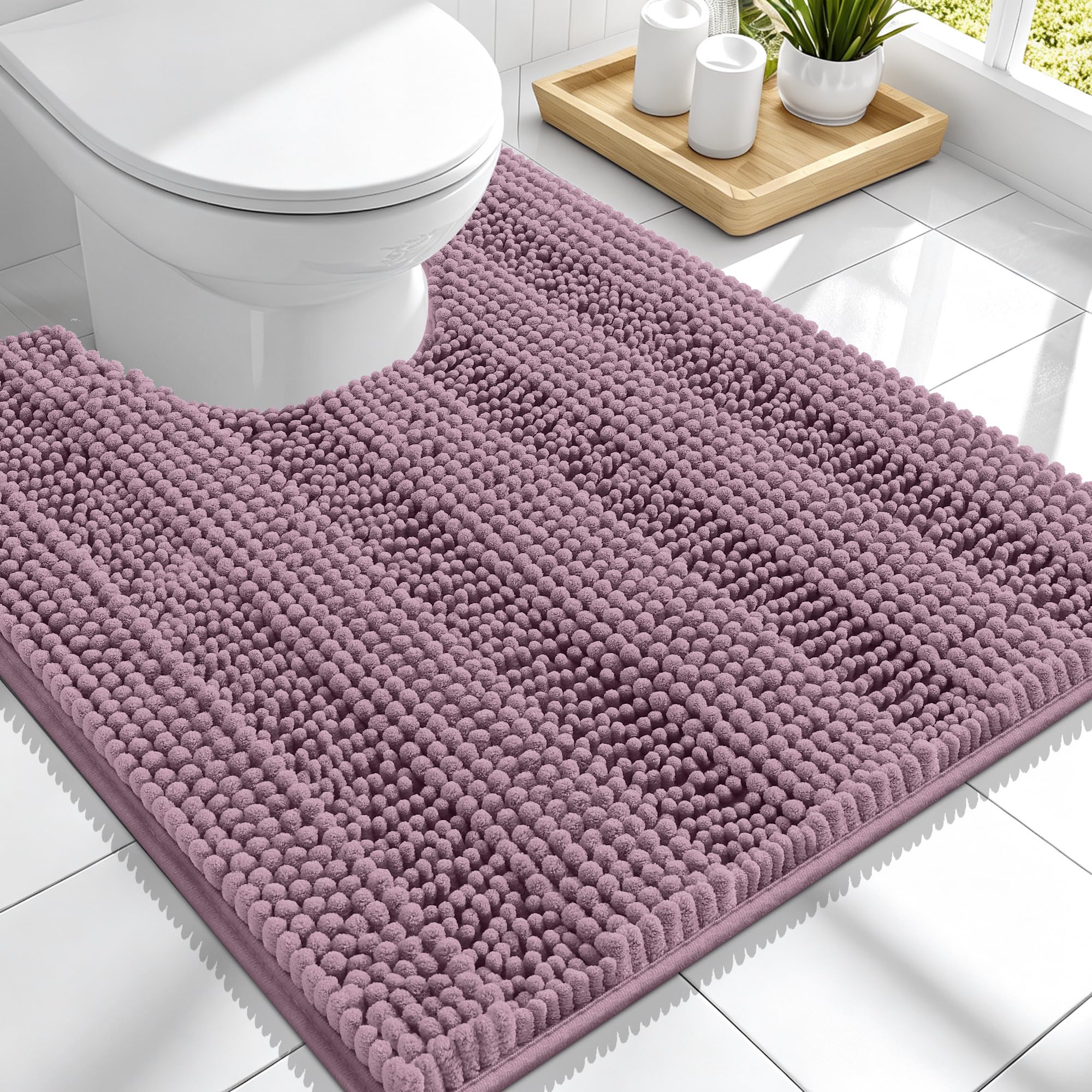 Smiry Thick Chenille Toilet Rugs U-Shaped 24x20, Soft Bath Mat, Deep Plum