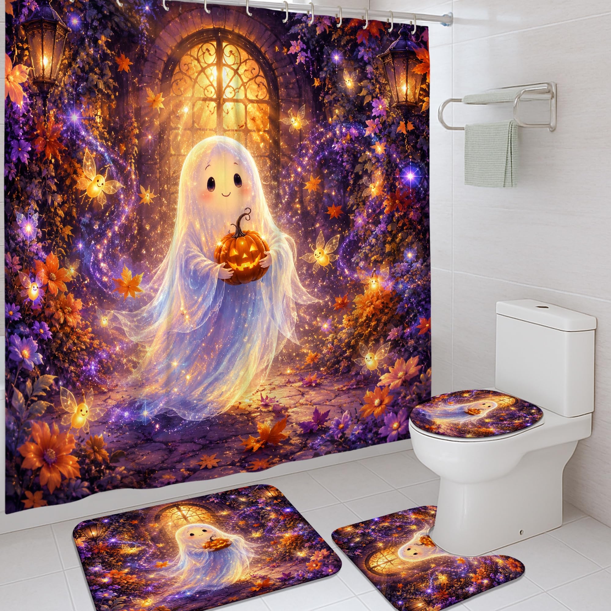 Ensemble rideau de douche fantômes Halloween lavable avec tapis et crochets