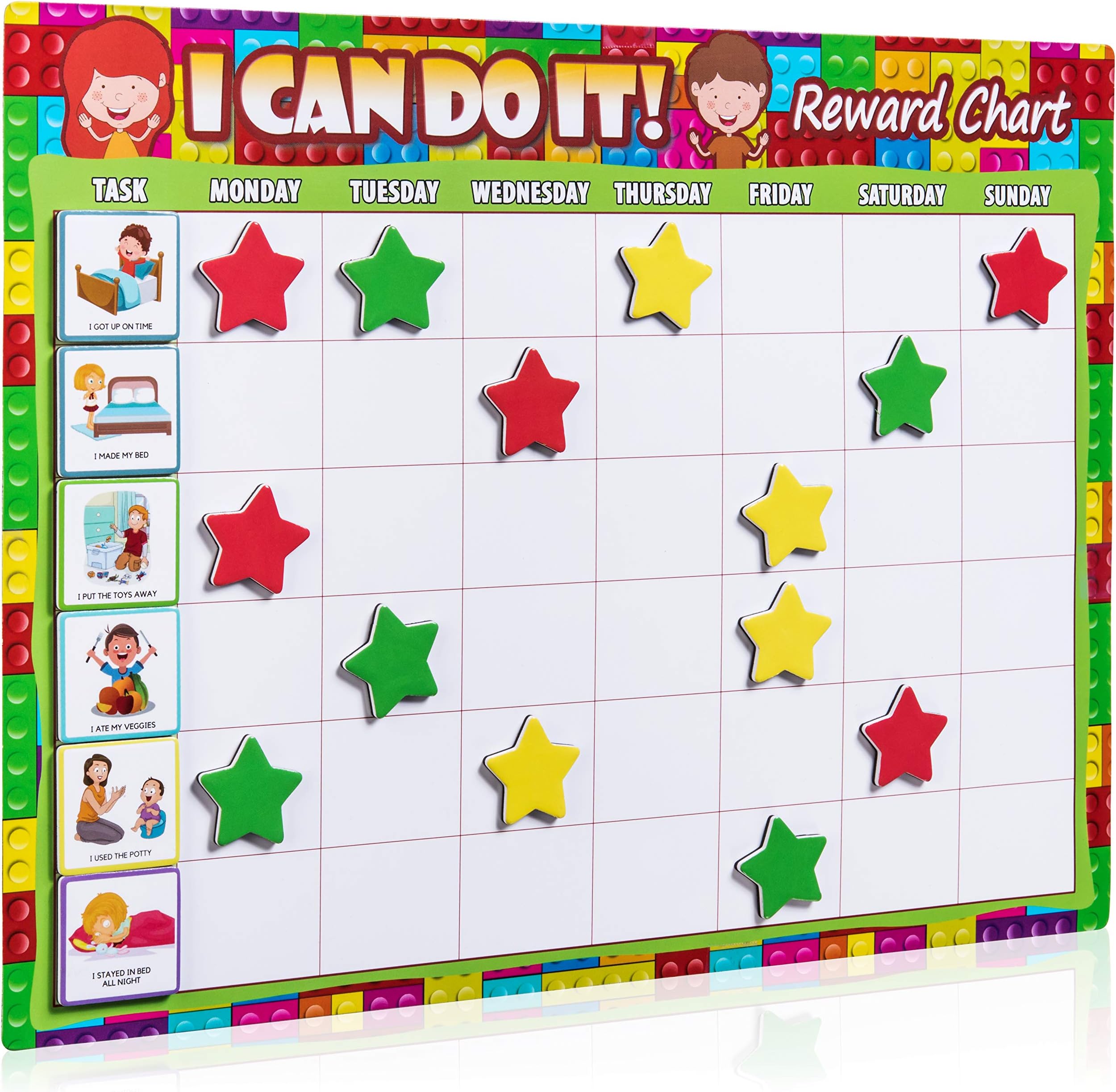 Magnetic Behavior Chore Charts for Kids Family Responsibility Reward Chore Chart with 49 Colorful Educational Tasks and Magnetic Rewards Stars - A Fun Way to Teach Children Responsibilities