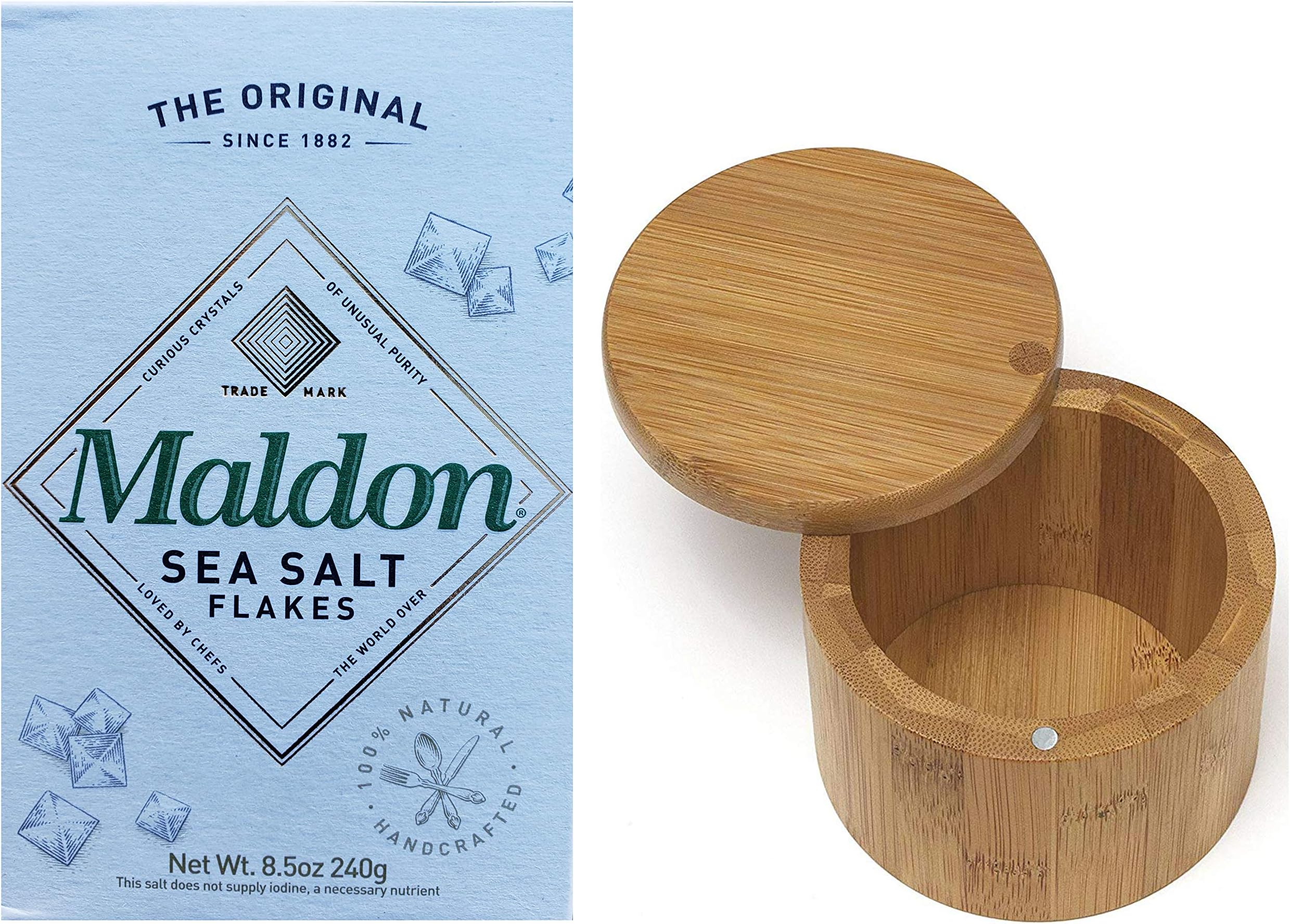 Maldon Gourmet Sea Salt Flakes, One 8.5oz Box. Also Includes One, RJF Brands 3 by 3.5 Inch Bamboo Salt Box with Swivel Lid.
