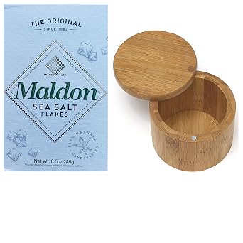 Maldon Gourmet Sea Salt Flakes, One 8.5oz Box. Also Includes One, RJF Brands 3 by 3.5 Inch Bamboo Salt Box with Swivel Lid.