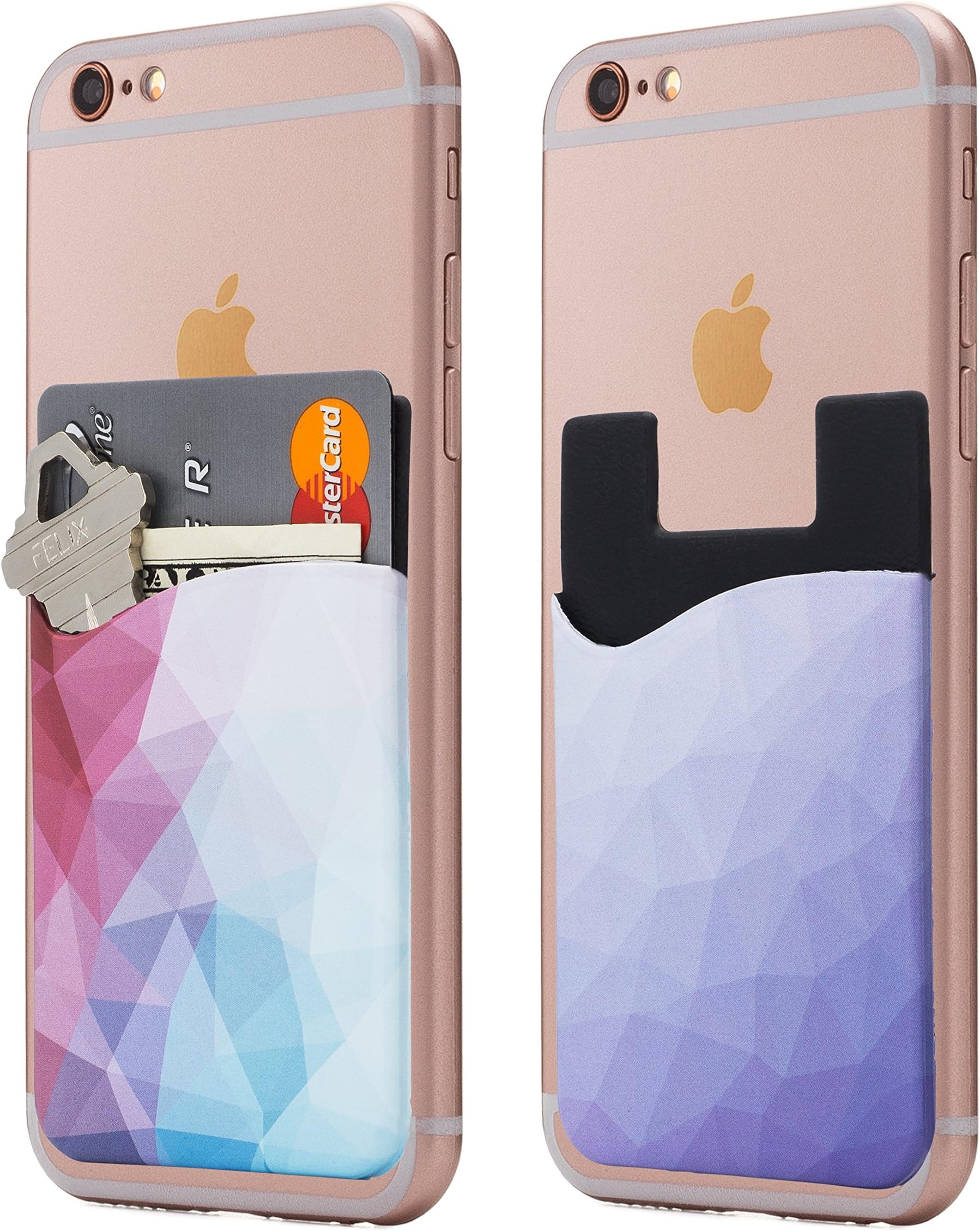 (Two) Geometric cell phone stick on wallet card holder phone pocket for iPhone, Android and all smartphones.