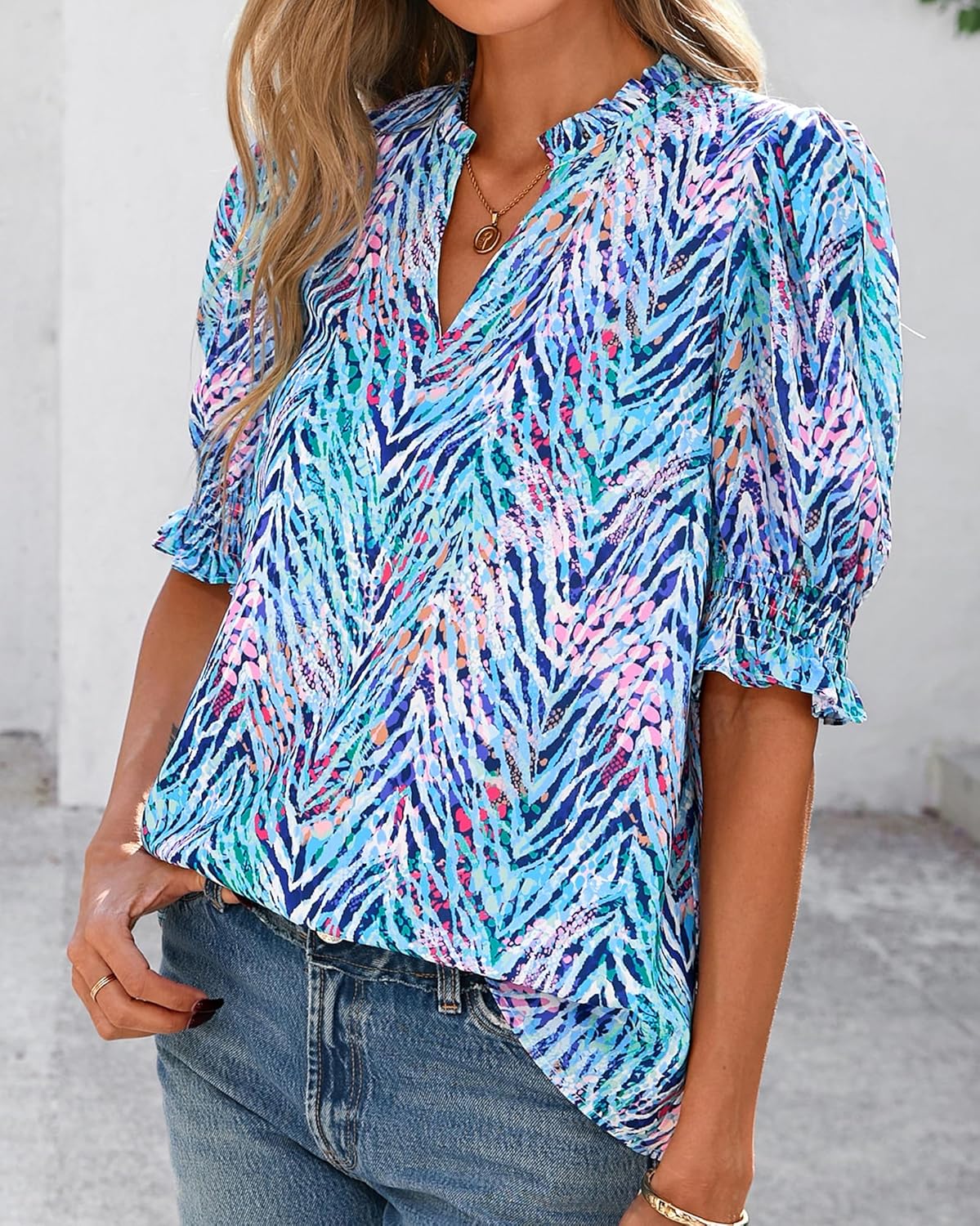 BTFBM Summer Blouses for Women Dressy Casual 2026 Fashion Spring Tops Floral Boho V Neck Puff Short Sleeve Top Shirts - Image 5