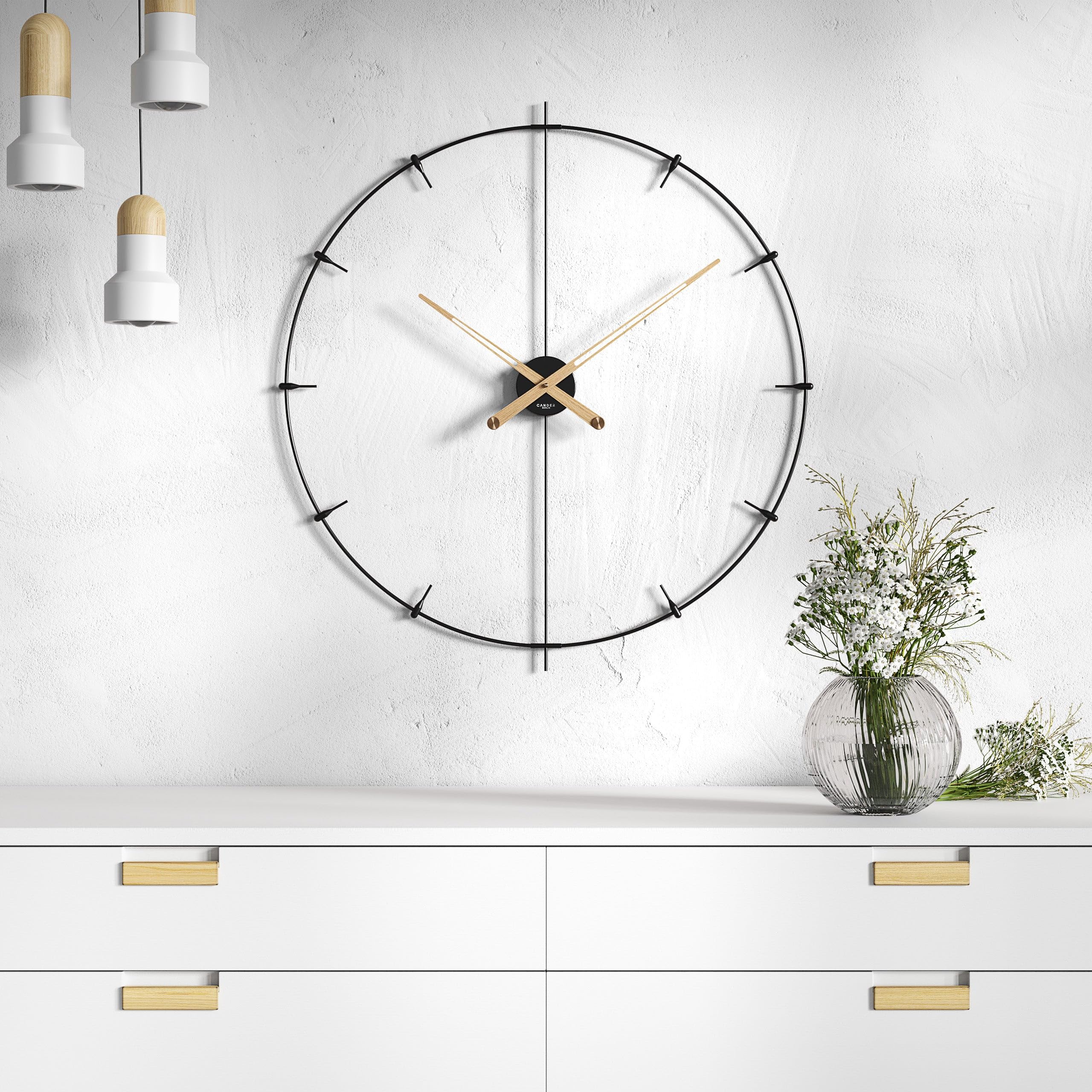 Cander Berlin Leander XXL vintage wandklok, geruisloos, 60 cm, houten wijzer zonder tikkende geluiden, groot, modern, zwart, voor woonkamer en keuken, metaal, glasvezel