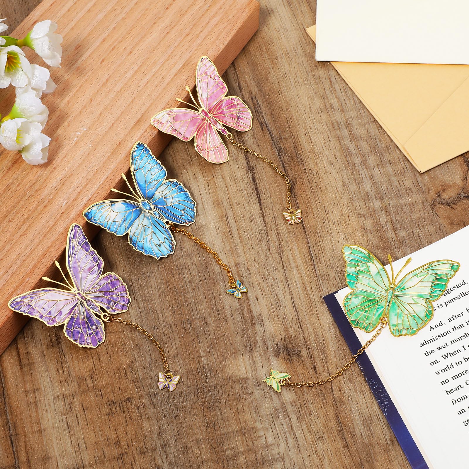 Marque-Pages Papillon Métal - Lot De 4 - Multicolore Avec Chaîne - Cadeau Pour Lecteurs