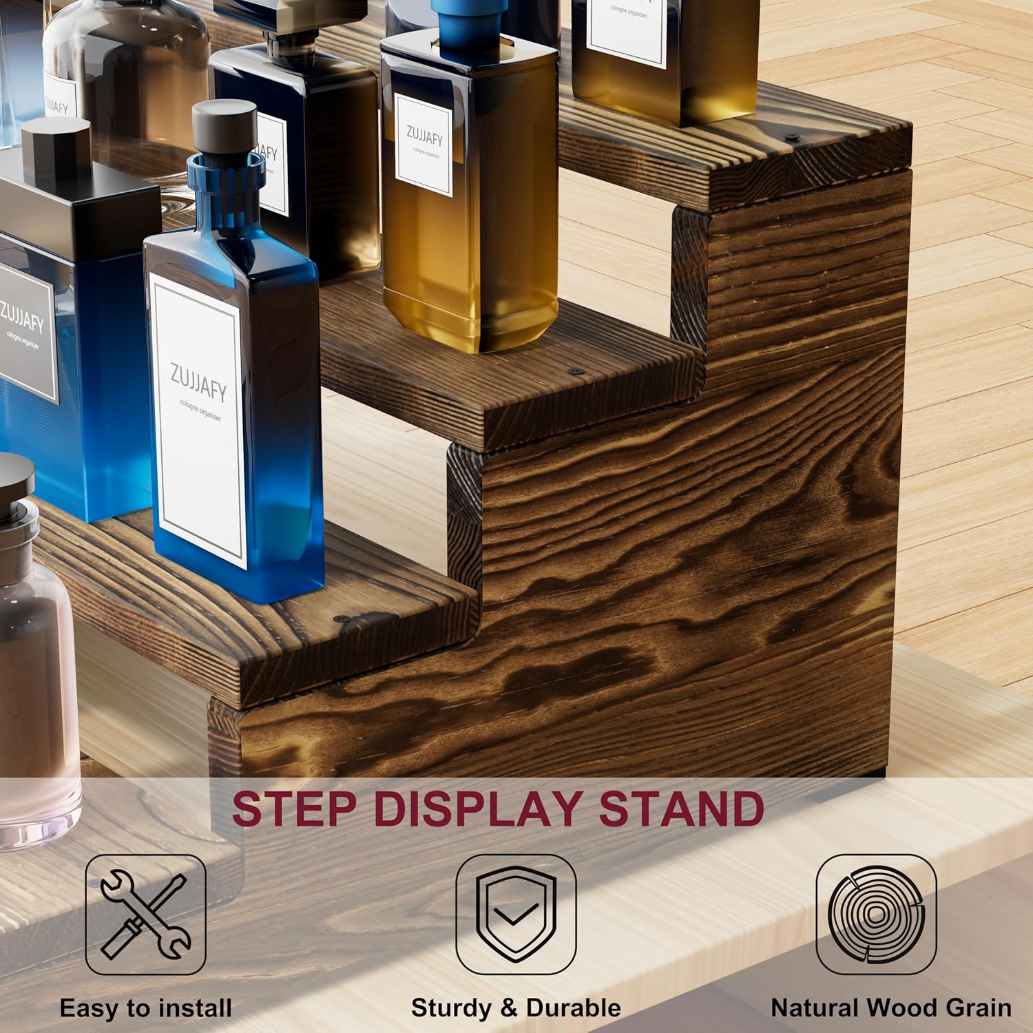 ZUJJAFY Cologne Organizer for Men, 4 Tier Wooden Cologne Stand Mens Fragrance Shelf, Tiered Wood Risers Display Stands for Perfume, Cupcake, Figures, Dessert image 3