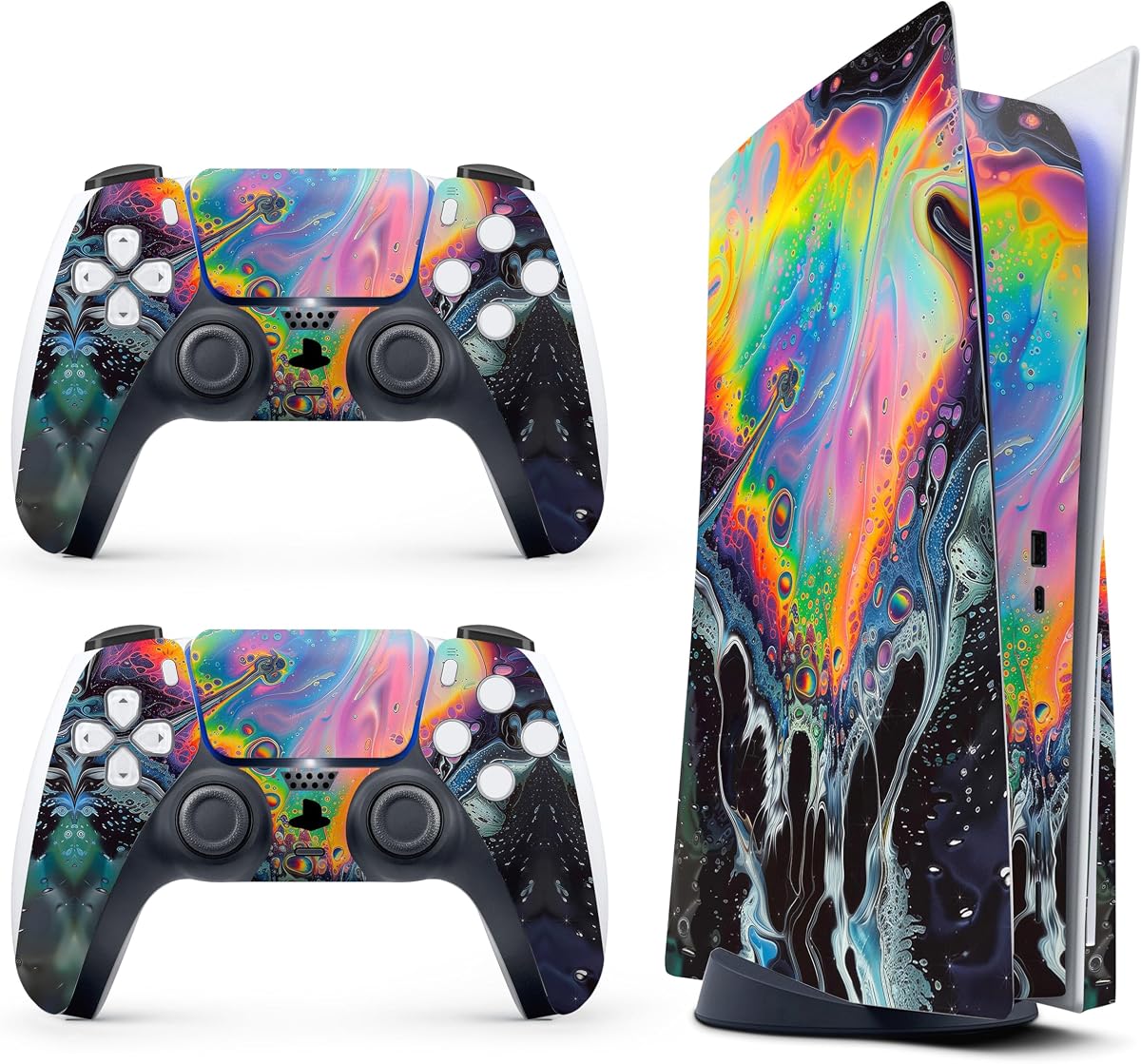 Skin Sticker for Game Console 5 Cover - Water Color, Compatible with Both Disc Edition & Digital Edition (not Slim Ver) - 2 Controller Skins & Console Skin - No Bubble, Full Protection, Removable