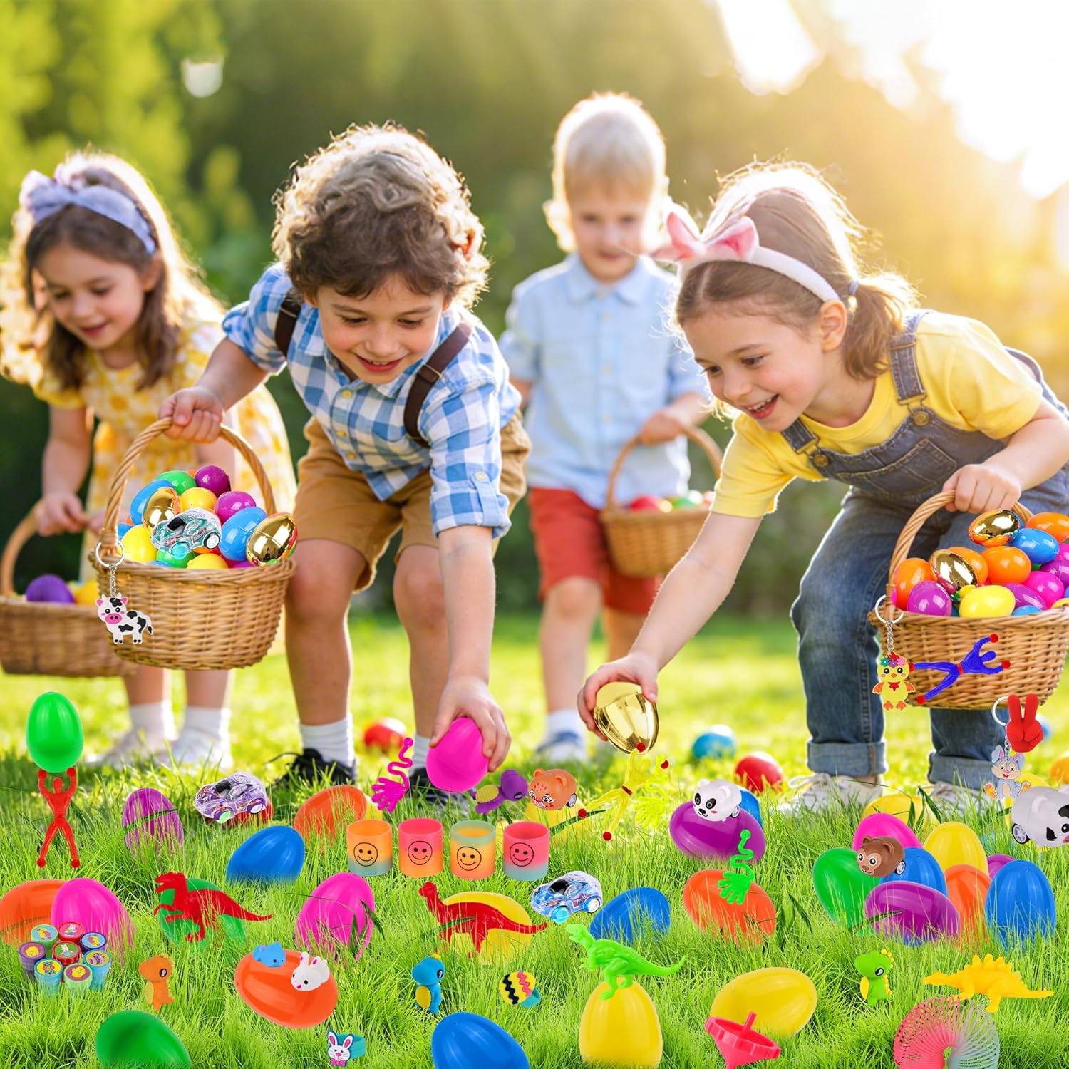 [ 6 Surprise Gold Eggs ] 100 Pack Prefilled Easter Eggs with Assorted Toys Inside, Truly Pre Filled Plastic Easter Egg Filles Fidget Toys Easter Hunt, Basket Stuffers Party Favors for Kids Boys Girls