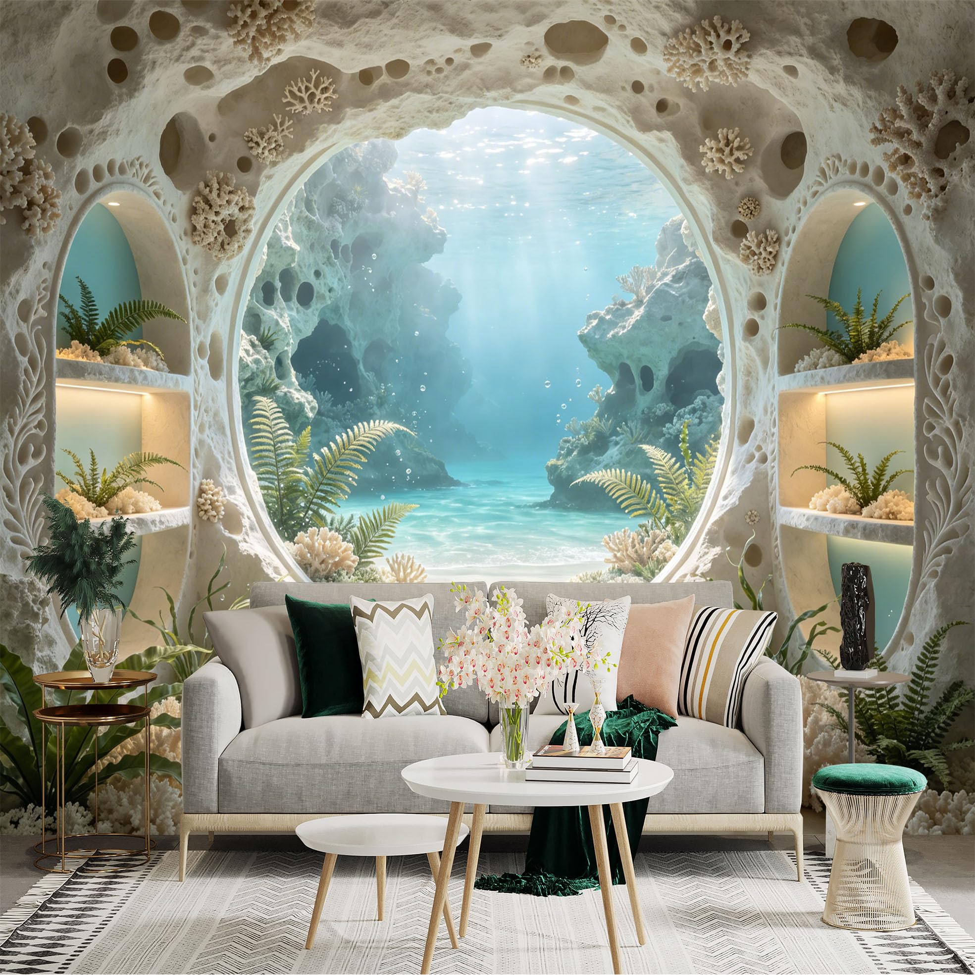 Custom Size Wall Sticker Mural， Underwater Coral Reef with Ocean View and Tropical Plants， for wall Decoration， peelandstick wall Decals.