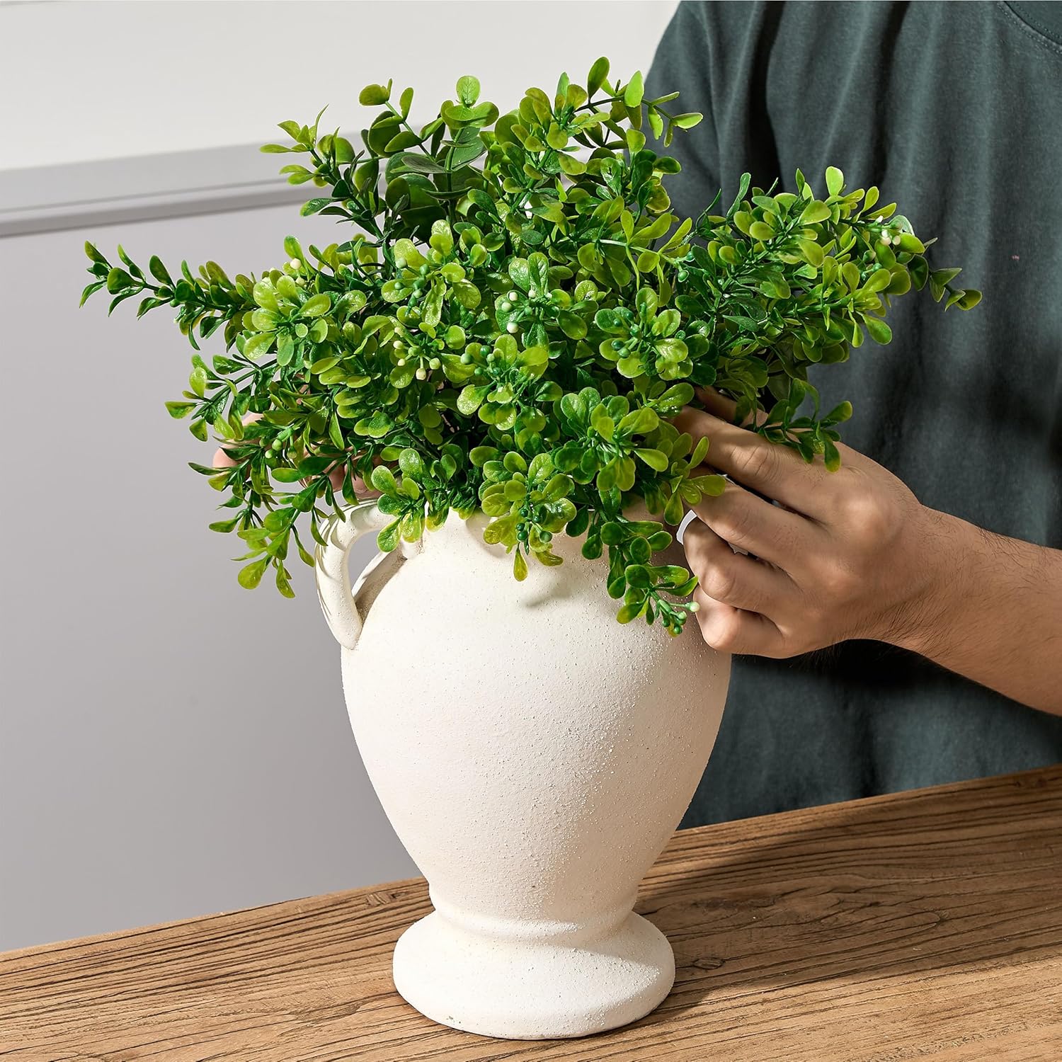 Ceramic Rustic Flower Vase with Handles, 8.46 Inch Tall Vintage Pottery Home Decor, Farmhouse Terracotta Vase for Living Room, Table, Shelf, Mantel Decoration, Farmhouse- White - Image 7