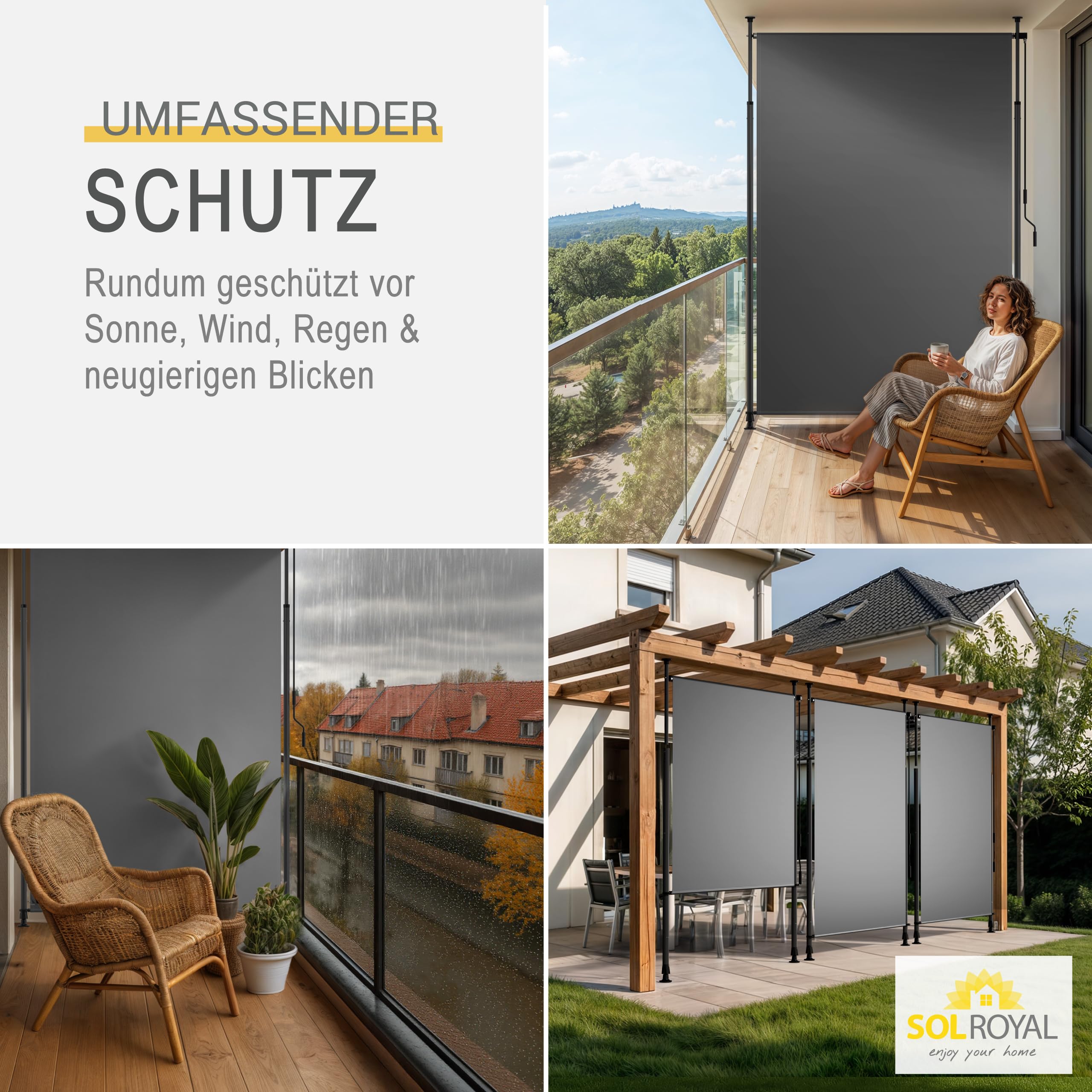 Sol Royal Klemmmarkise Senkrechtmarkise außen – Vertikalmarkise 200x310cm Sichtschutz & Sonnenschutz Balkon Markise ohne Bohren – Windschutz Garten Terrasse Handkurbel Anthrazit Wasserdicht KM5
