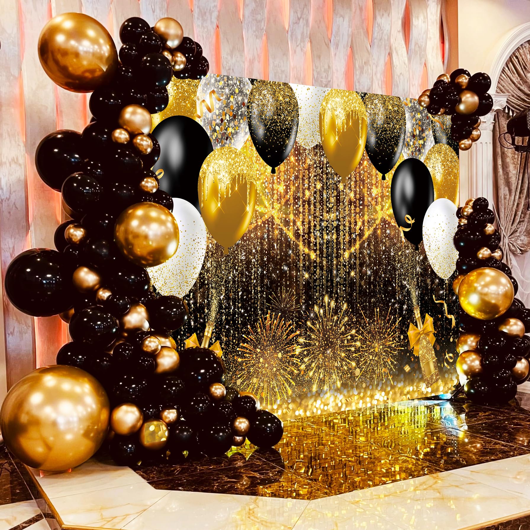 Sfondo fotografico con palloncini oro nero e oro glitterato a pois bokeh, sfondo fotografico per compleanno, matrimonio, Capodanno, feste, sfondo sfondo (nero oro, 240 x 180 cm)
