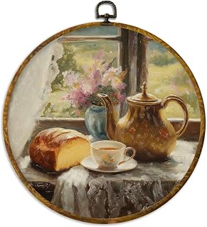 XPH Abstract Vintage Teapot Bread Round Wall Art Framed, Antique Coffee Cup Floral Circle Wall Decor, Rustic French Country Hanging Canvas Prints for Home Kitchen Decoration, 10x10 Inch