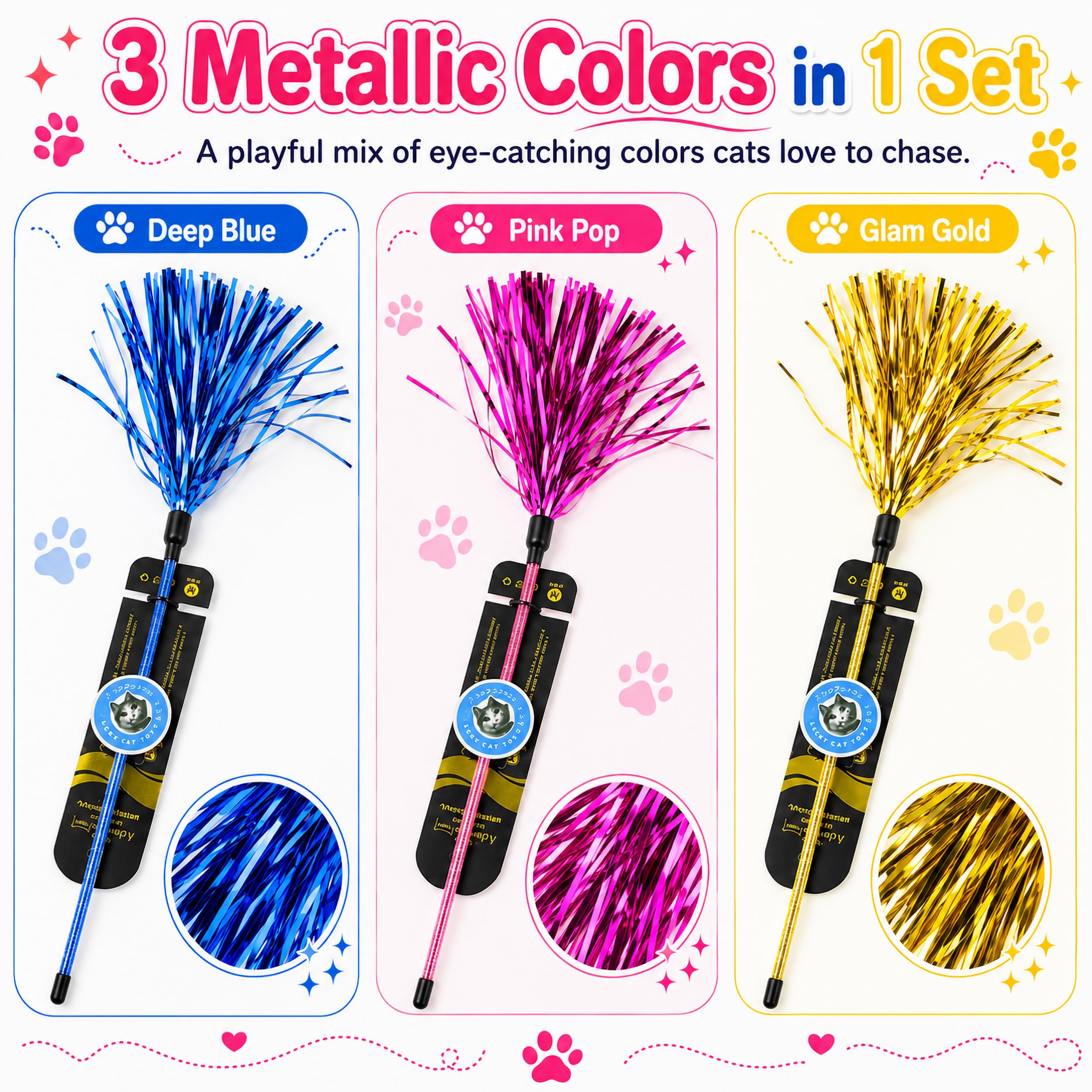 ADUCK Giocattolo interattivo per gatti, bacchetta giocattolo con nappe, cattura vermi per gatti e gattini, confezione da 3 (oro + blu + rosa)
