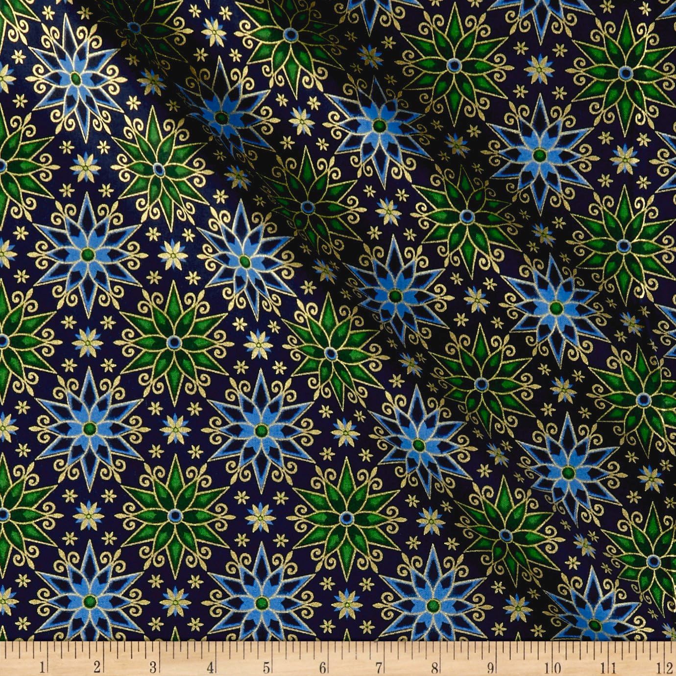 Quilting Treasures Miracle In Bethlehem Geo Poinsettias Gold Metallic/Navy Quilt Fabric by the Yard, Navy