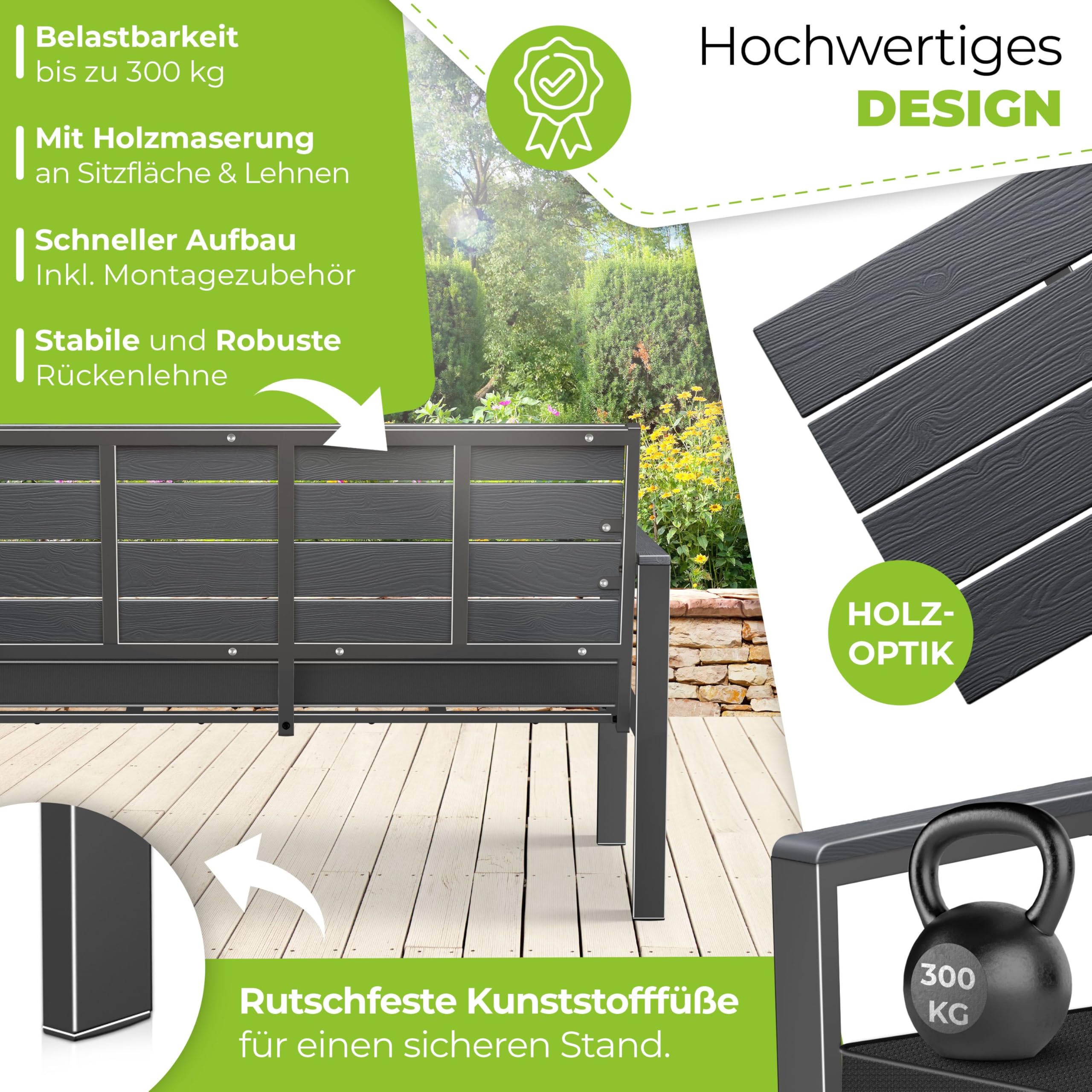 KESSER® Gartenbank mit Kissen – Sitzbank Wetterfest 2-Sitzer Parkbank in Holzoptik Balkonbank für Garten Terrasse Balkon bis 300 kg belastbar UV-beständig inkl. abnehmbarem & waschbarem Polsterbezug