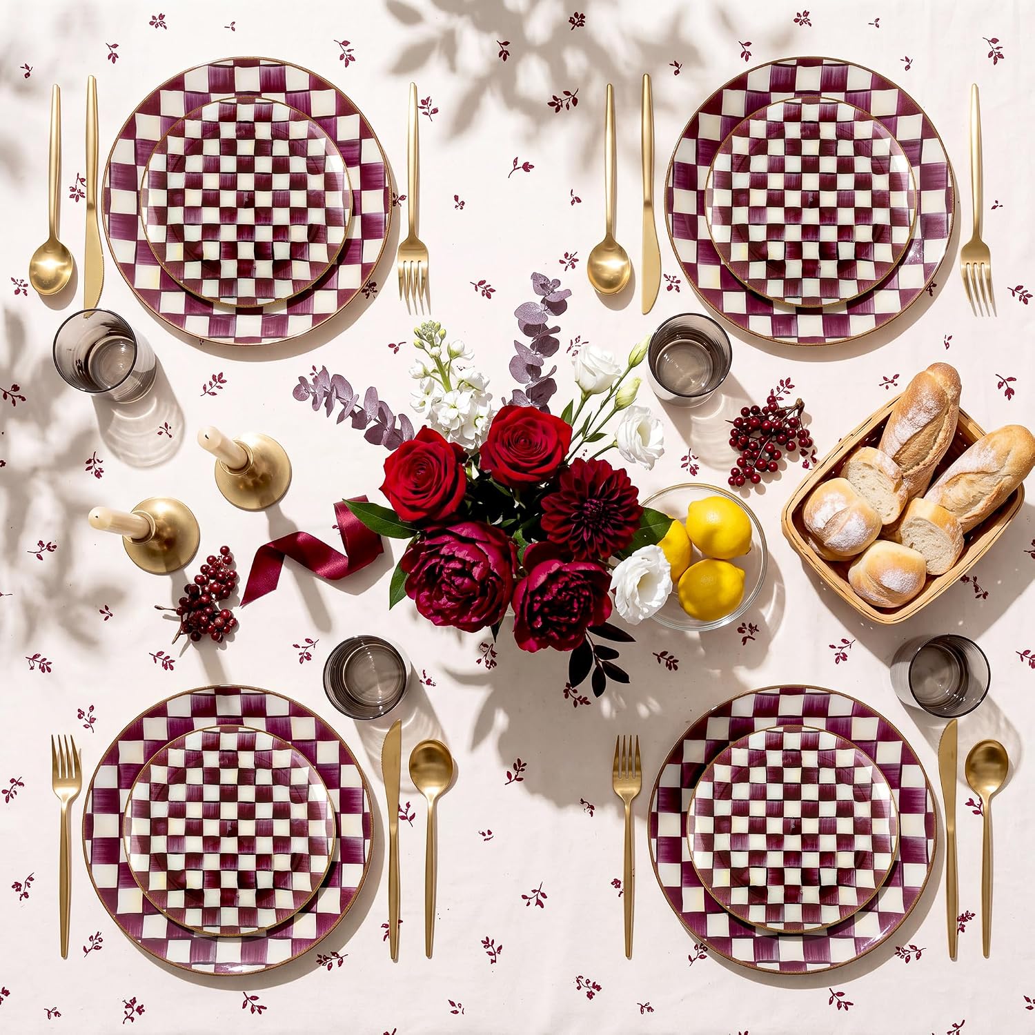 U-QE 20PCS Burgundy Plastic Plates for Party - Retro Red Checkered Plates image 5